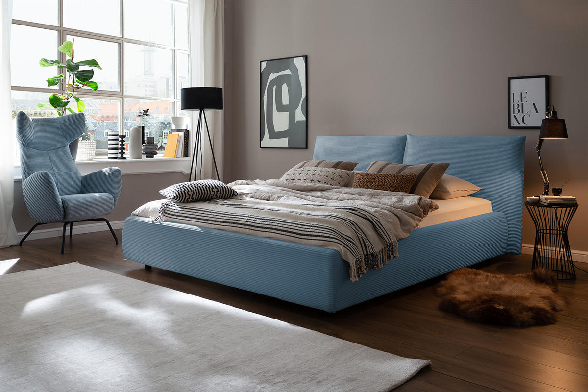 POLSTERBETT HENRY Hellblau Cord - Schwarz/Hellblau, Textil (140/200cm) - KAWOLA