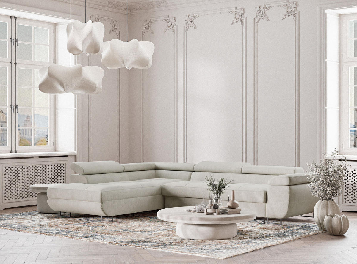 ECKSOFA Concord Creme Chenille-Stoff - Links Seite - Creme/Schwarz, Holz/Holzwerkstoff (203/277cm) - Maison de Reve