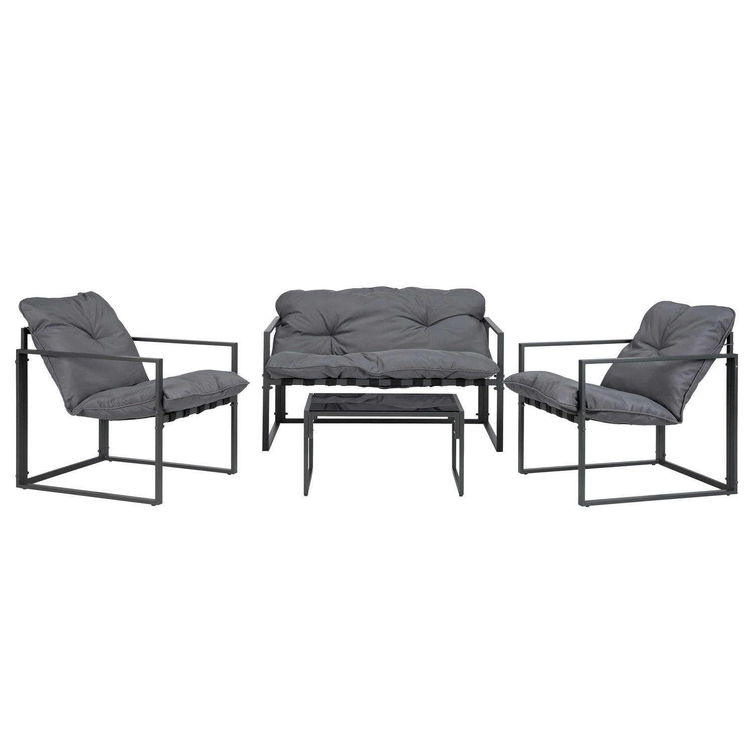 GARTENSITZGRUPPE - Eisen / Polyester - Schwarz / Grau - 4-teilig - Schwarz/Grau, Glas/Kunststoff - home24