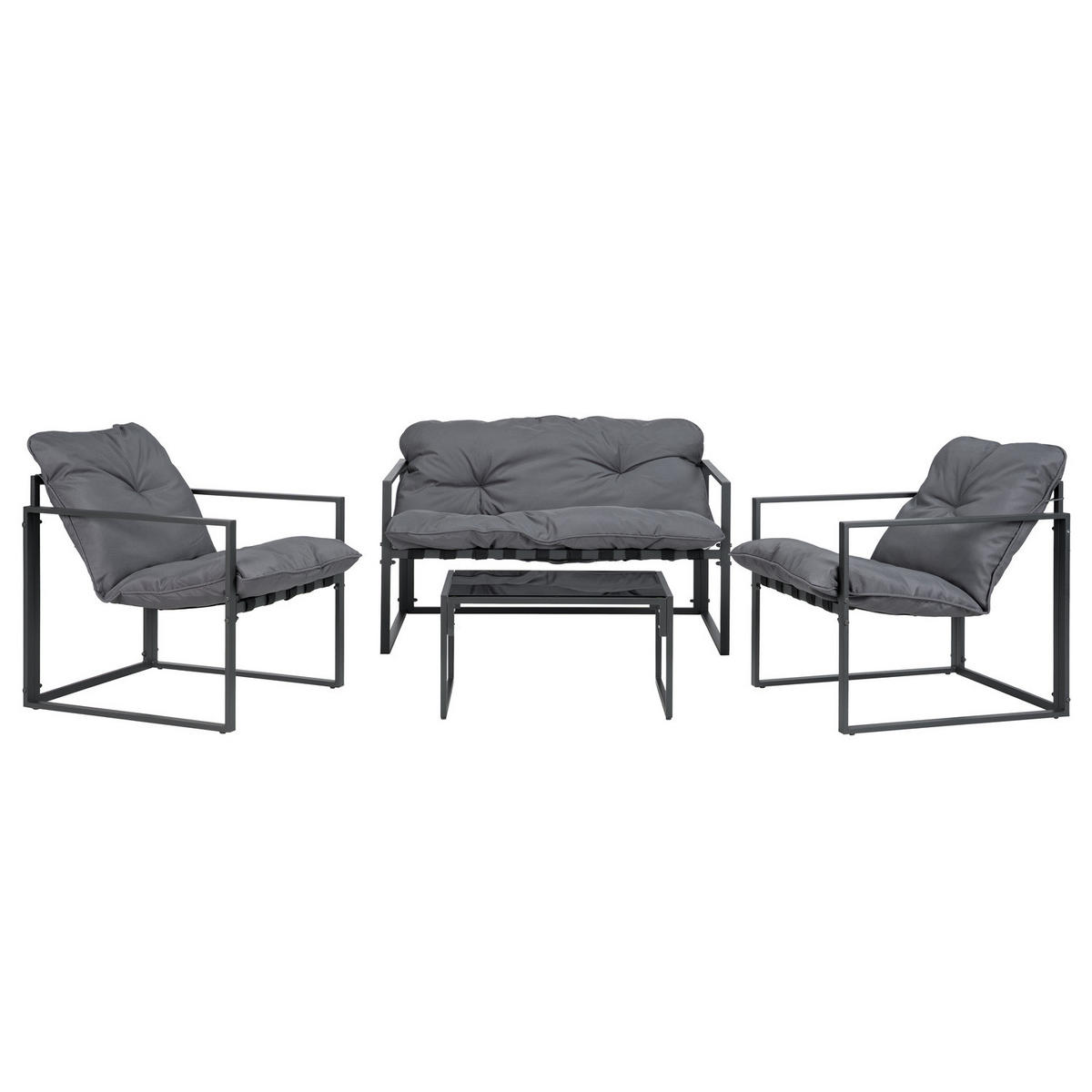 GARTENSITZGRUPPE - Eisen / Polyester - Schwarz / Grau - 4-teilig - Schwarz/Grau, Glas/Kunststoff - home24