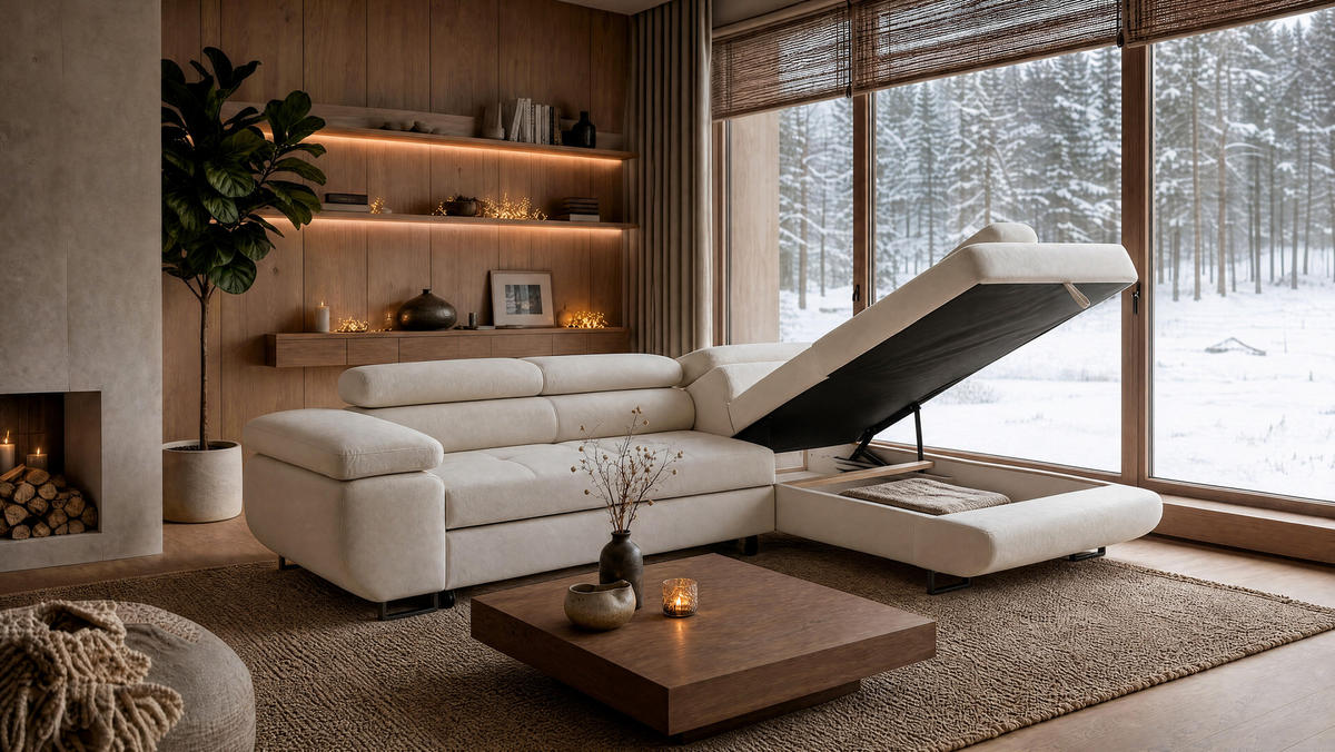 ECKSOFA Velmo mit Bettkasten und Schlaffunktion, verstellbaren Kopfstützen, in L-Form - Beige, Textil (275/203cm)