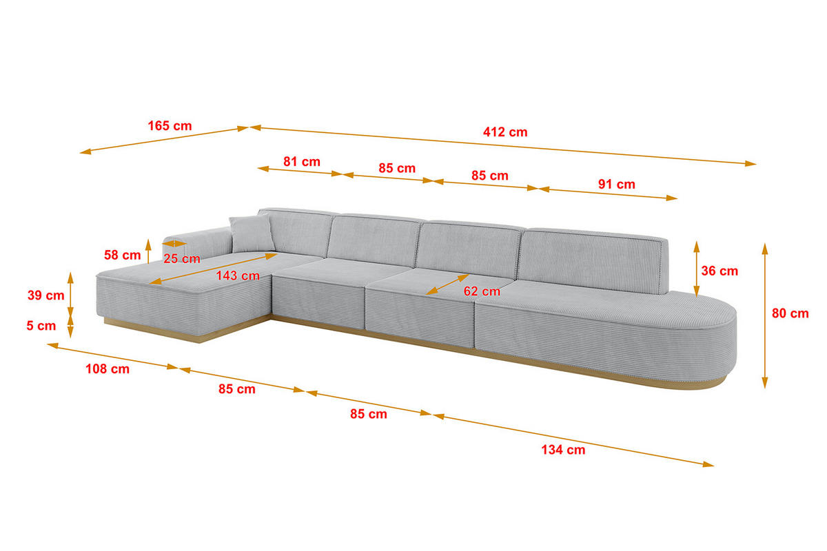 ECKSOFA Ottomane Links IREA-L3-v2 - 412x165x80 cm Grau - Grau, Holzwerkstoff/Textil (412/165cm) - ALTDECOR