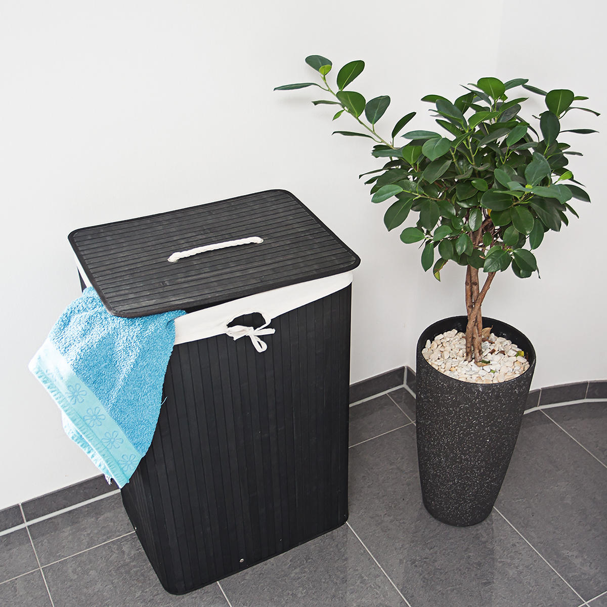 WÄSCHEKORB - Schwarz, Holz/Textil (43.5/65.5/33.5cm) - Relaxdays