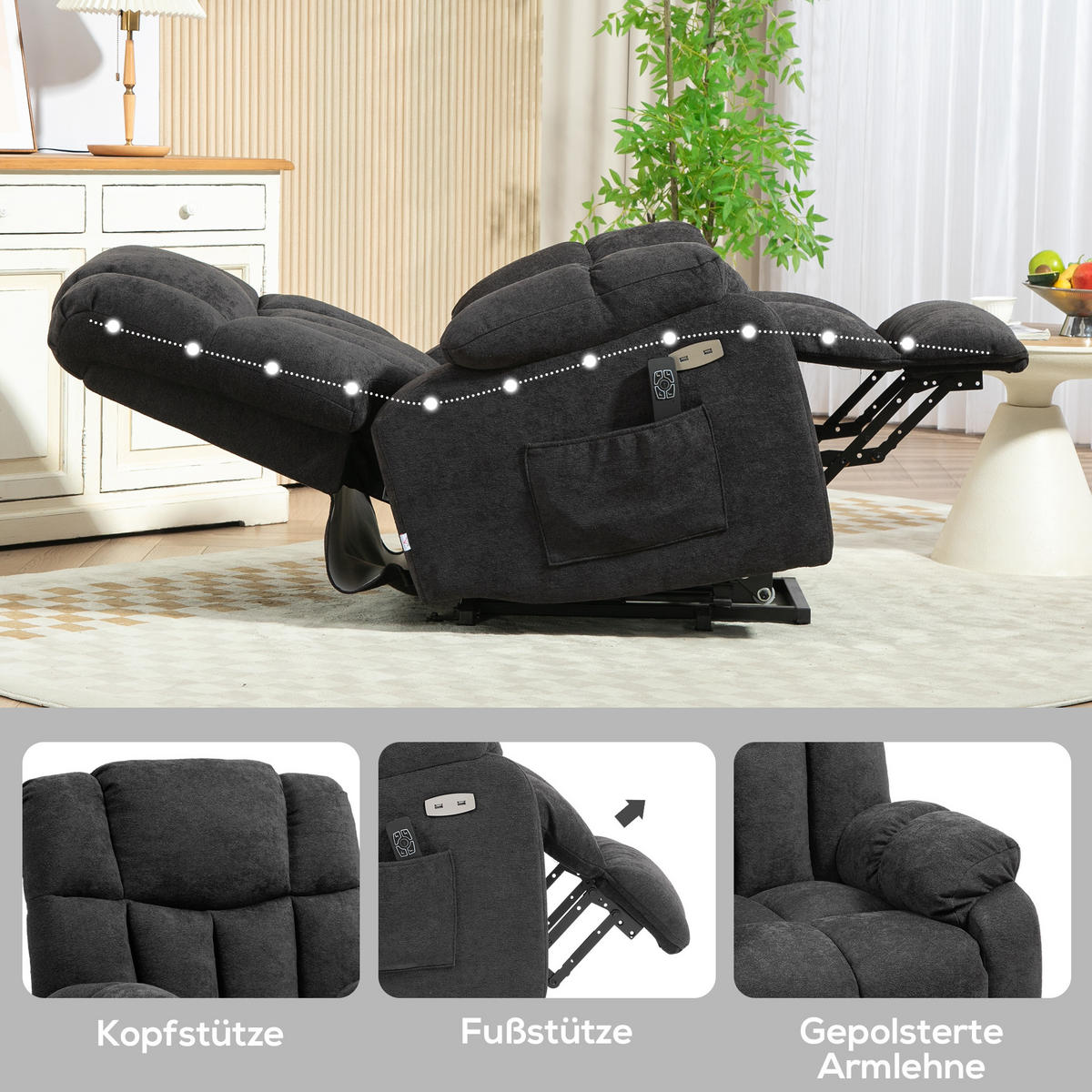 FERNSEHSESSEL mit Aufstehhilfe Elektrisch Relaxsessel mit Liegefunktion Schwarz - Schwarz, Kunststoff (95/107/92cm) - HOMCOM