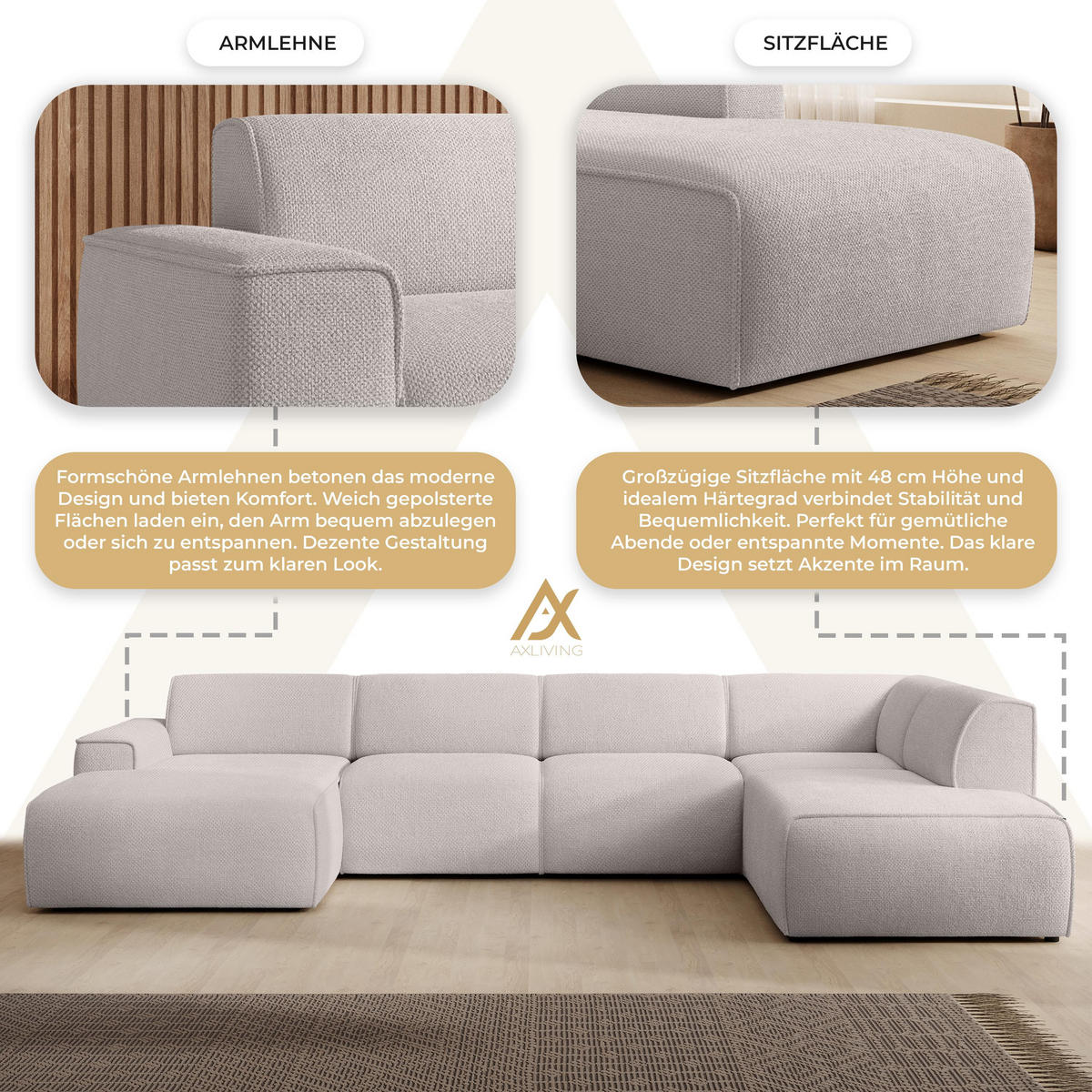 WOHNLANDSCHAFT Didim Taupe 378/220/78 cm – großes Sofa stilvoll & bequem R - Taupe/Schwarz, Kunststoff/Textil (378/78/220cm) - AX Living