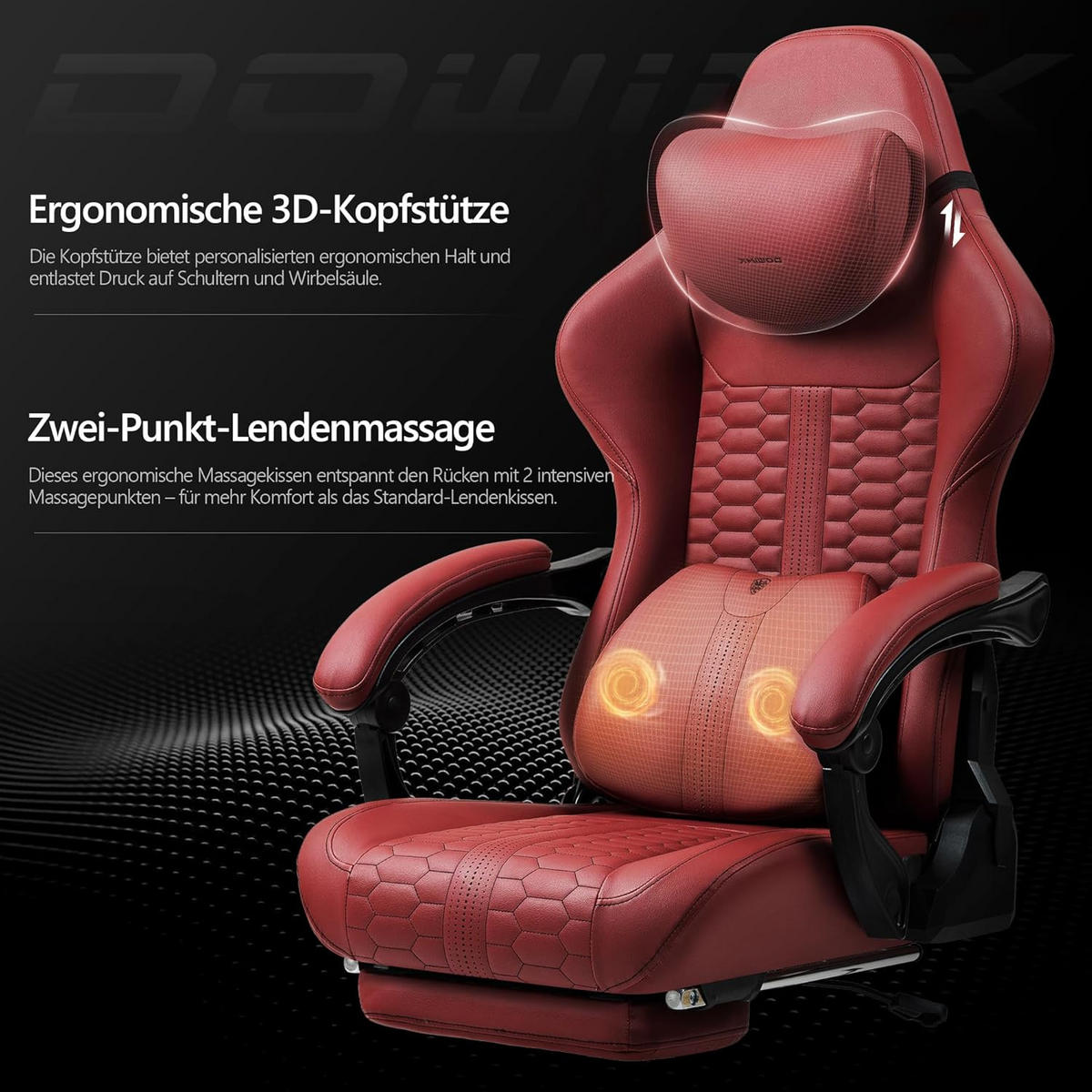 GAMING-STUHL & hoher Rückenlehne, Massagefunktion PU-Leder - Rot, Leder (61/117/61cm)