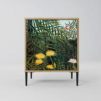 SIDEBOARD VIRGIN FOREST WITH SUNSET, Eichefarben, 57,5x42x72,5 cm, Schwarze Metallfüße - Eichefarben/Multicolor, Holzwerkstoff/Metall (57.5/72.5/42cm) - SpaceRebels