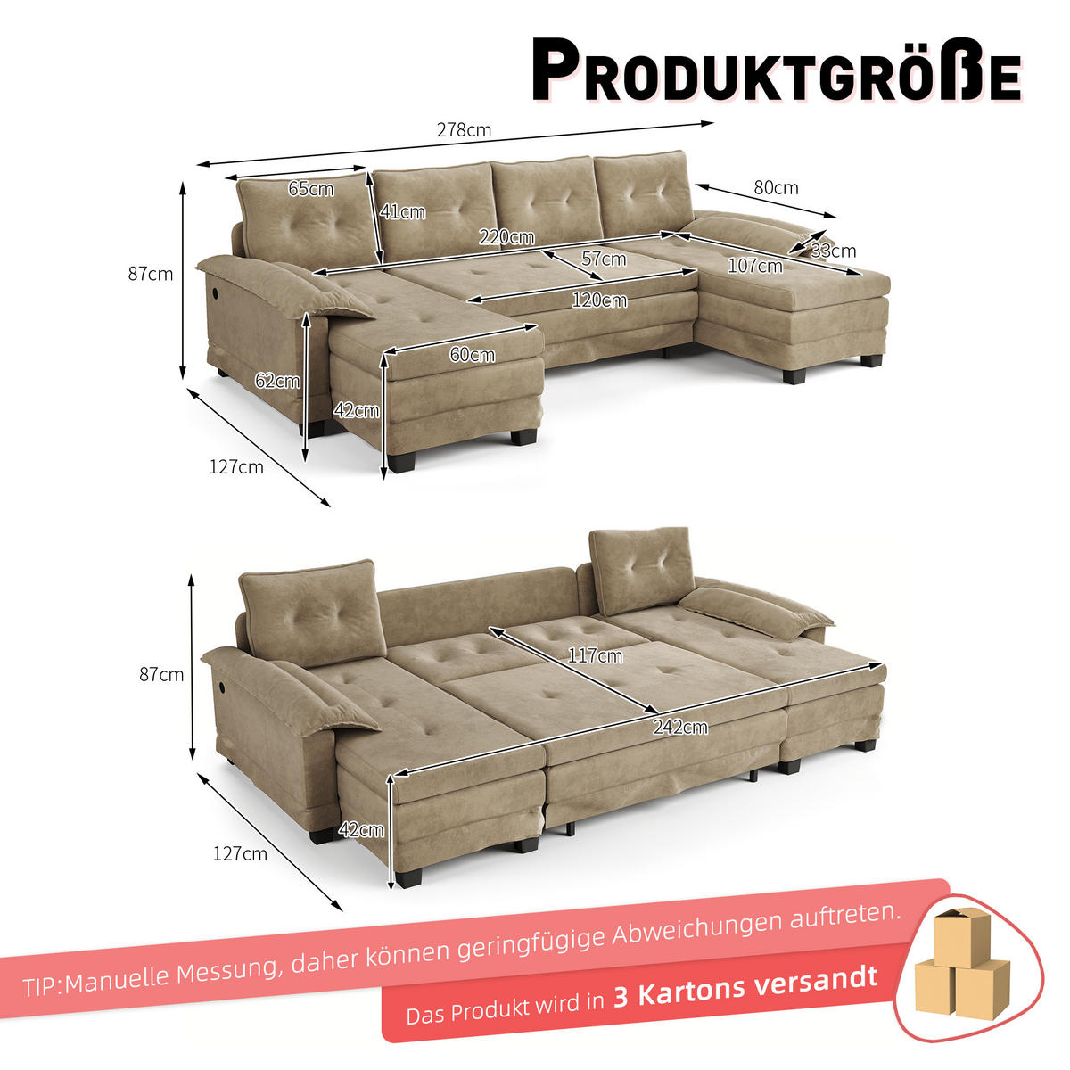 WOHNLANDSCHAFT Kamel 278/127/87 cm 4-Sitzer Modular mit USB-Ladefunktion - Cognac, Textil (278/87/127cm) - PANGIVO