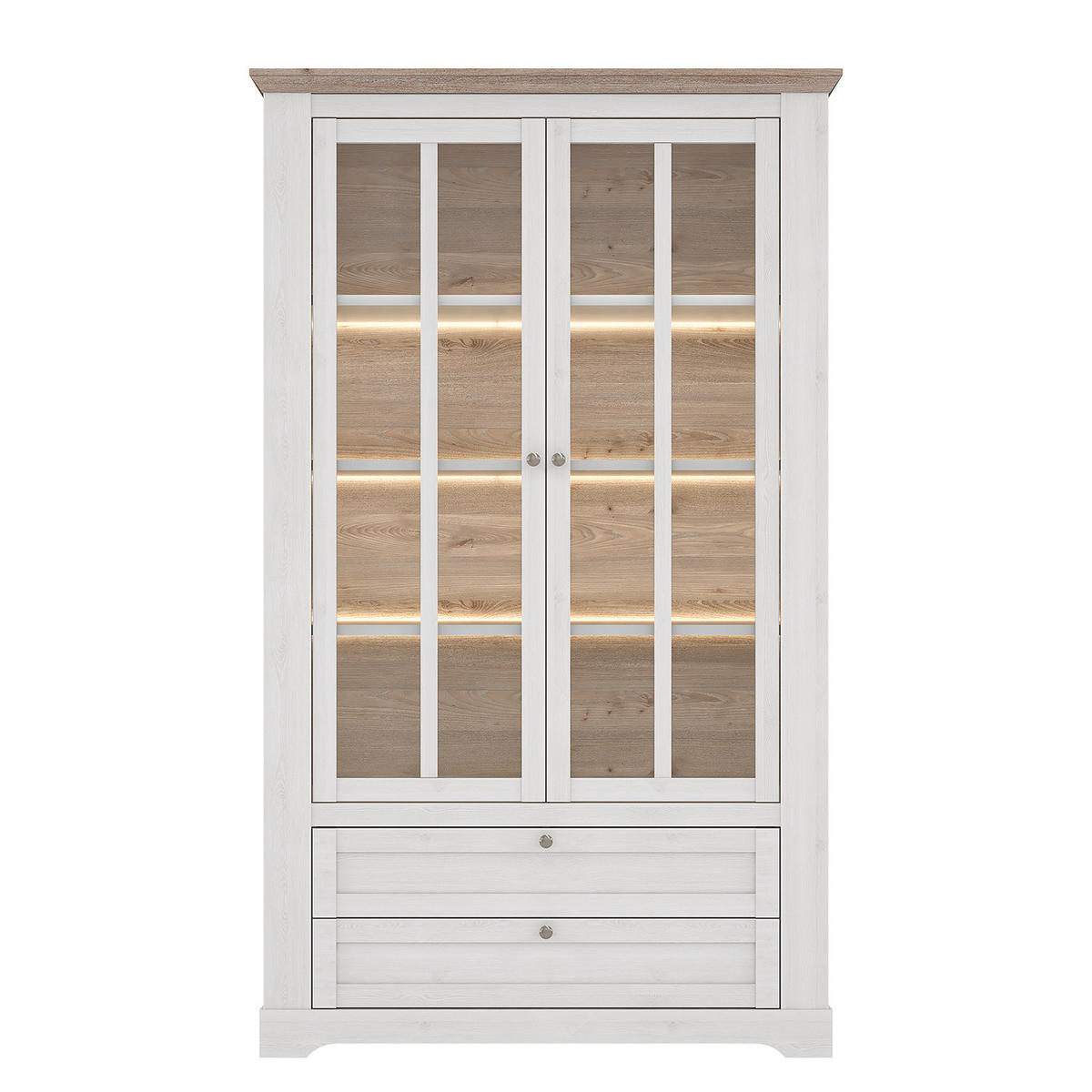 VITRINENSCHRANK - inkl. Beleuchtung - Eiche Weiß Dekor / Eiche Nelson Dekor - Silberfarben/Weiß, Holzwerkstoff/Kunststoff (125/210/44cm) - home24