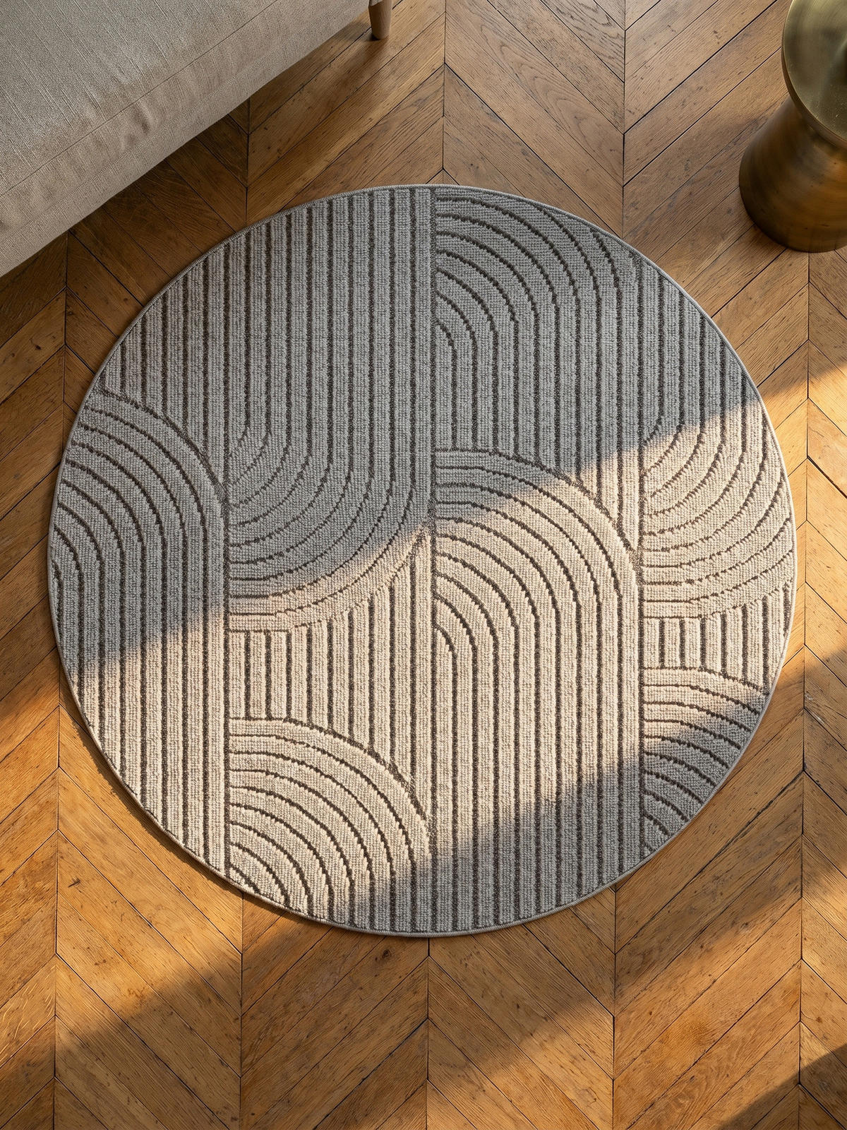 TEPPICH Flachgewebe LANGAU in Silber, mit geometrischen Bögen, Ø 160 cm - Silberfarben, Textil (160/160cm) - KADIMA DESIGN