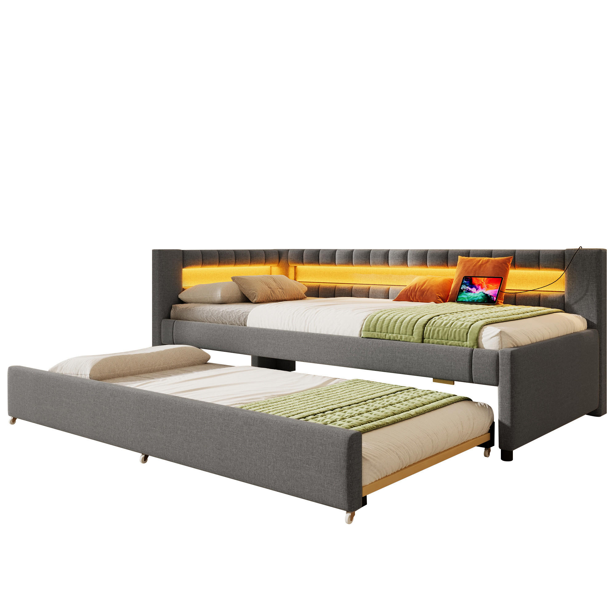 POLSTERBETT 90/200 cm in Grau mit LED-Beleuchtung und USB- und Type-C-Anschlüssen - Grau, Textil (90/200cm) - Flora Grace
