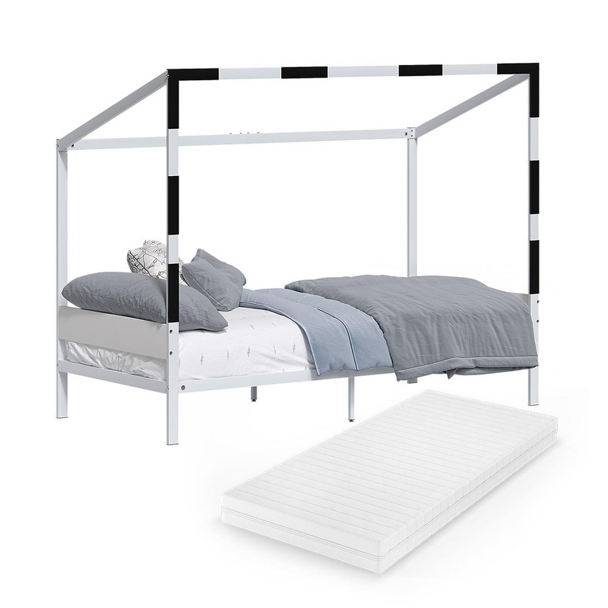 KINDERBETT Goal, Weiß/Schwarz, 90x200 mit Matratze - Schwarz/Weiß, Metall - VitaliSpa