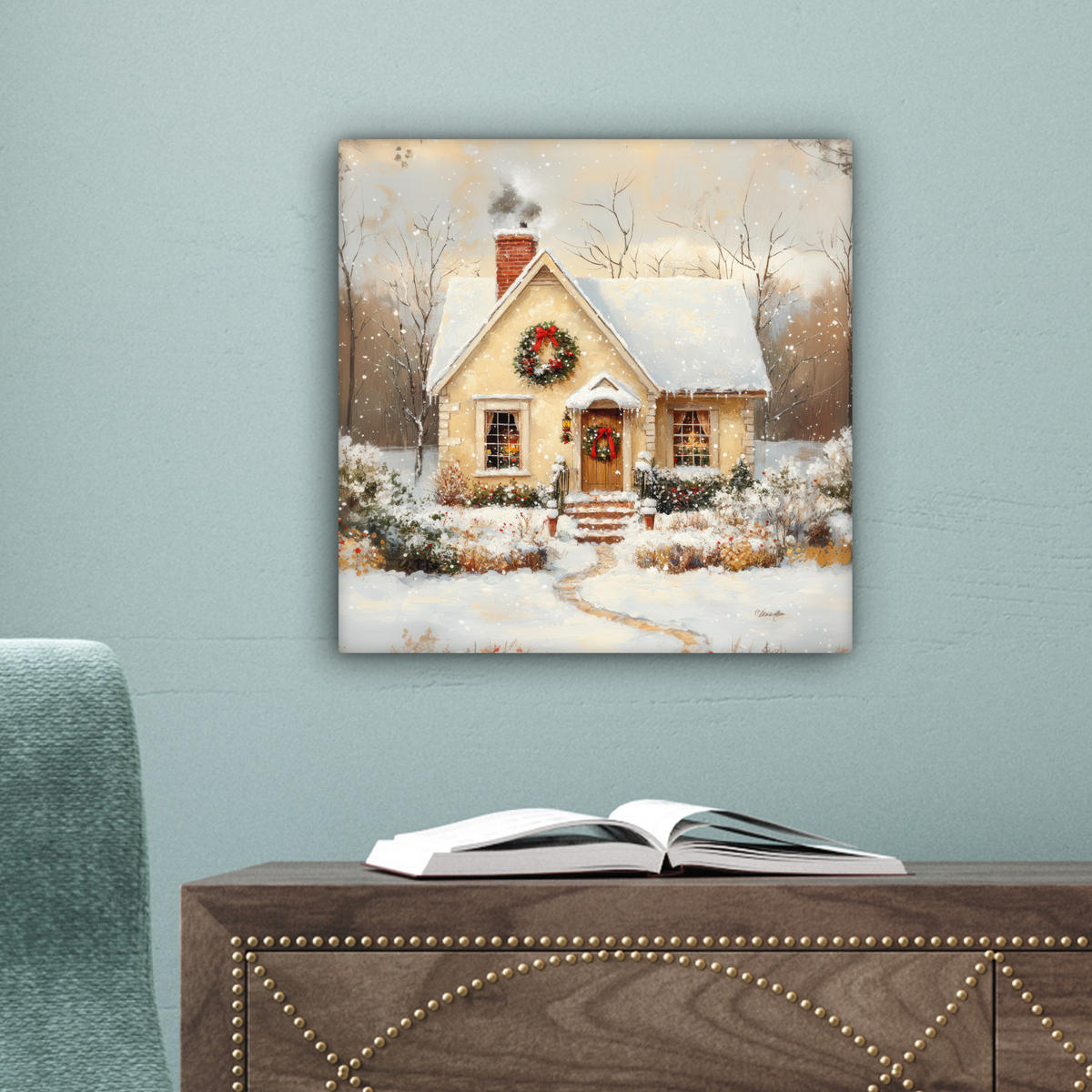 LEINWANDBILD Weihnachten - Zuhause - Winter - Schnee Deko Wohnzimmer 20x20 cm - Creme, Textil (20/20cm) - MuchoWow