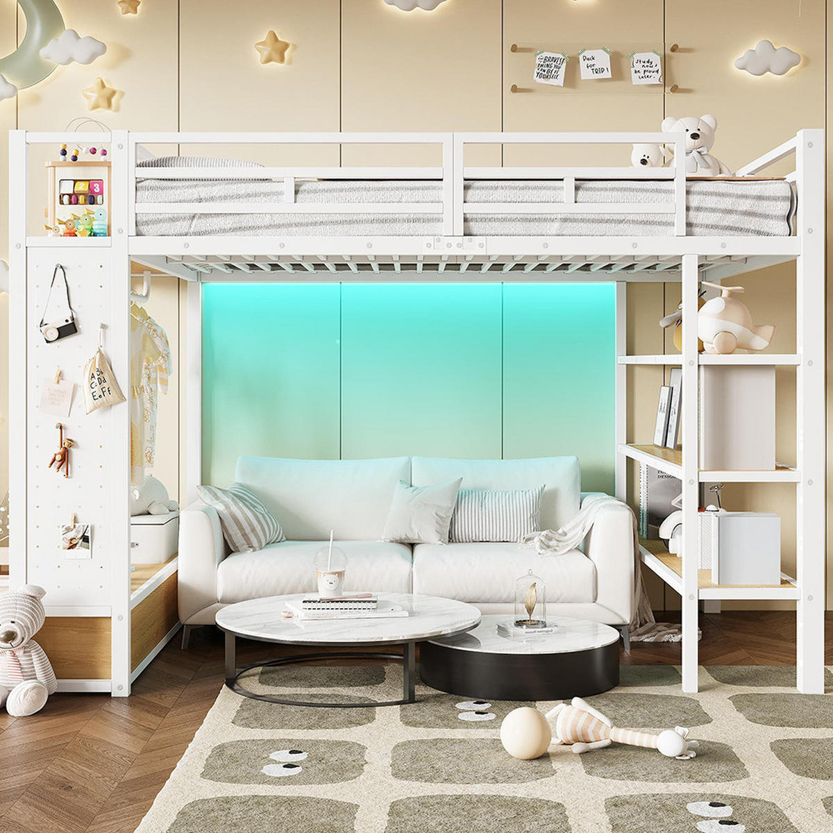 HOCHBETT 140x200 cm mit offenem Kleiderschrank, Lochwand und LED-Beleuchtung, Weiß - Weiß, Metall (140/200cm) - KOMHTOM