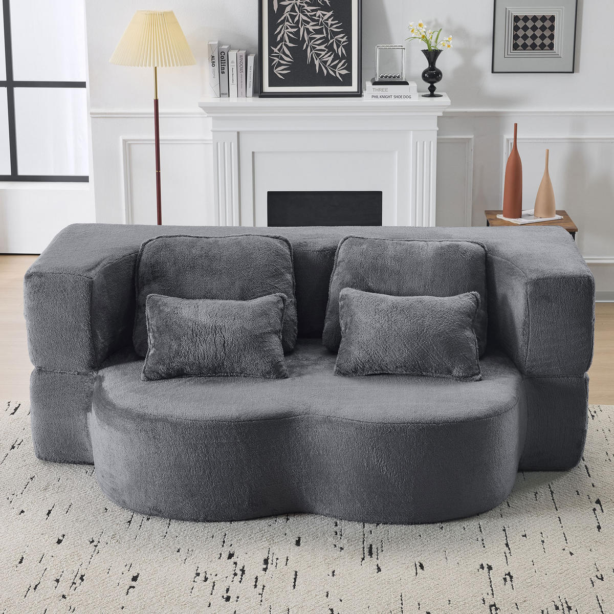 2-SITZER SCHLAFSOFA Flanell Blau & Grau mit 4 Kissen - Blau/Grau, Textil (198/76/120cm) - WISHDOR