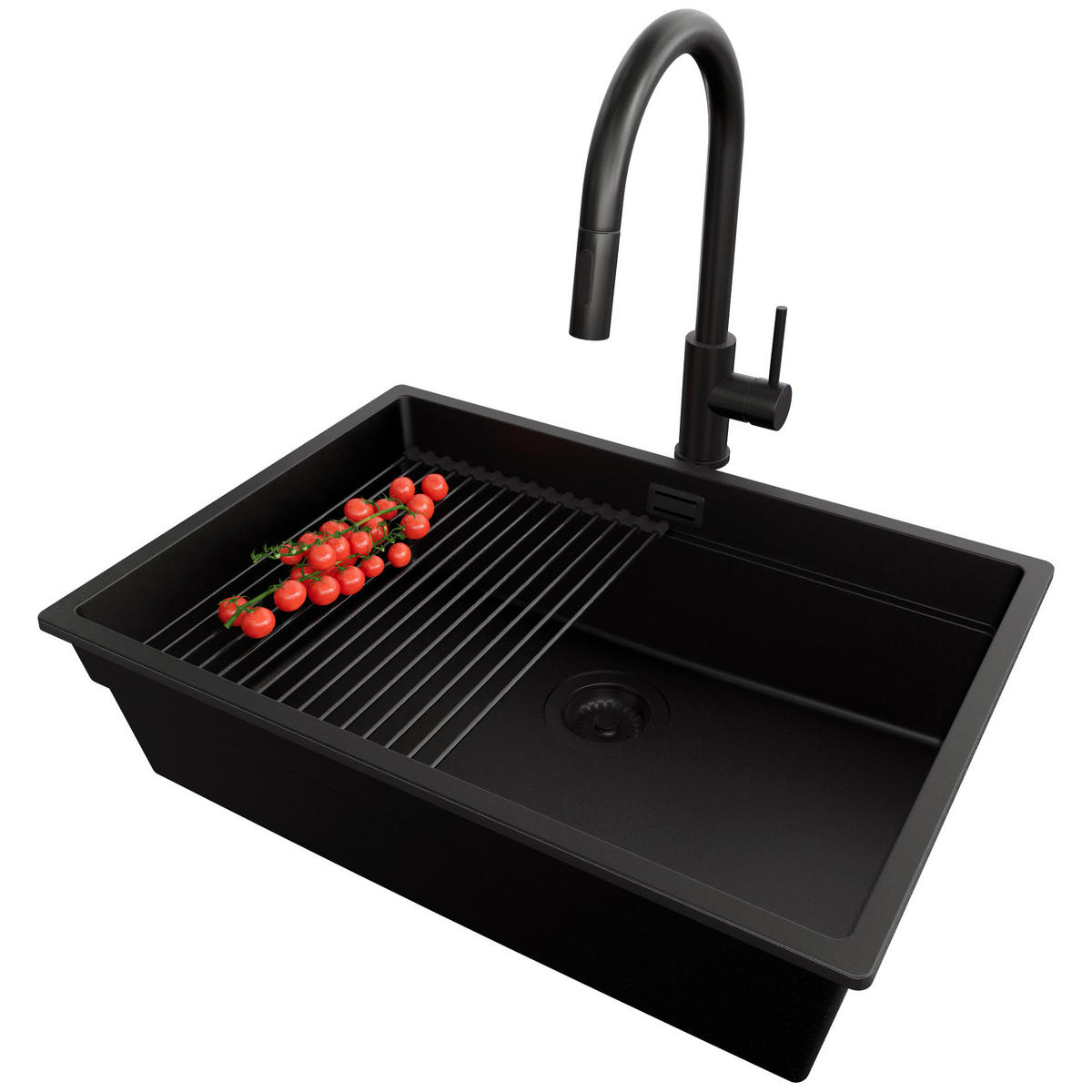 GRANITSPÜLE Praga Slim, 2-er set Schwarz 66/47 cm 1 Becken + Küchenarmatur 40/20 cm + Ablauf-Set + Aufrollbare Abtropffläche ab 70er Unterschrank - Schwarz, Kunststoff (66/20/47cm) - Primagran