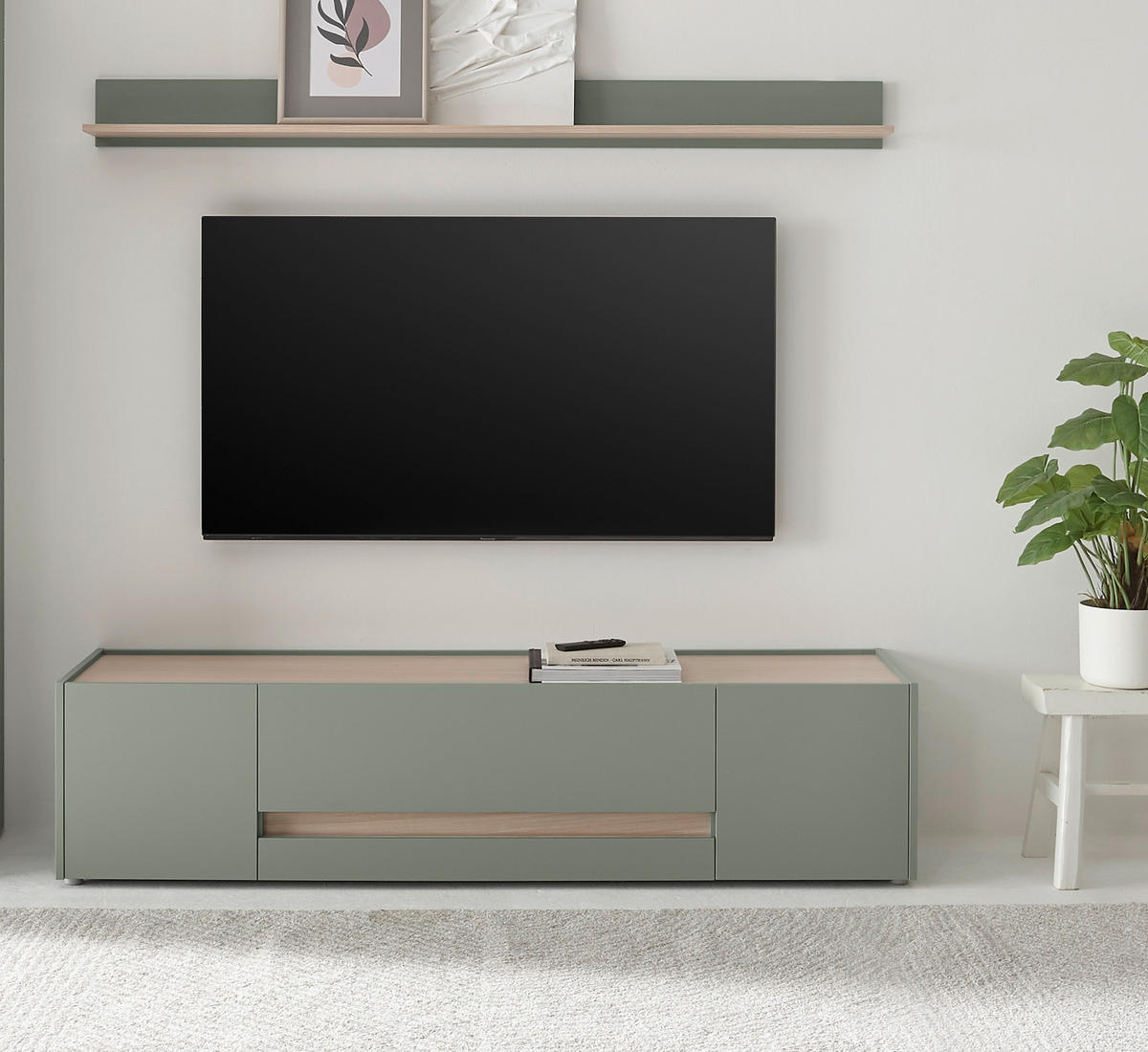 TV-LOWBOARD in Salbei grün, Barista Eiche 170 cm, TV Unterteil mit Doppel-Schubkasten - Salbeigrün/Eichefarben, Holzwerkstoff/Kunststoff (170/40/45cm) - Furn.Design