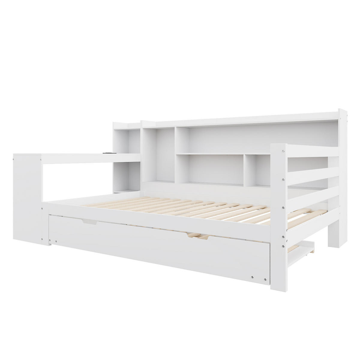 BETT 90/200 cm Weiß mit ausziehbarem Unterbett, Schreibtisch und Stauraum - Weiß, Holz (90/200cm) - Flora Grace