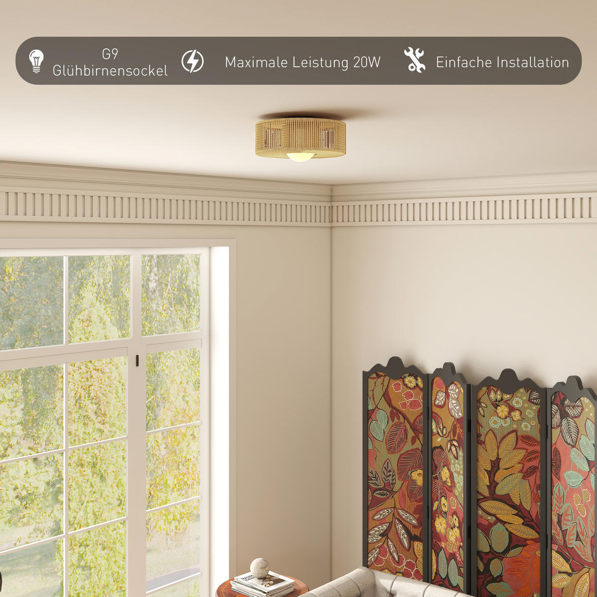 DECKENLEUCHTE, Boho-Deckenlampe Hängend mit G9 LED Fassung, Rund Hanfseil - Beige, Metall (30/30/16cm) - HOMCOM