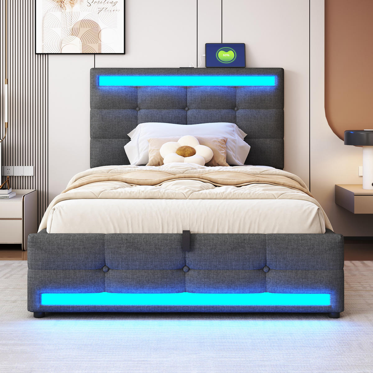 POLSTERBETT aus Stoff 90x200 cm in Grau mit LED & USB-Anschlüssen - Grau, Textil (90/200cm) - Modfu
