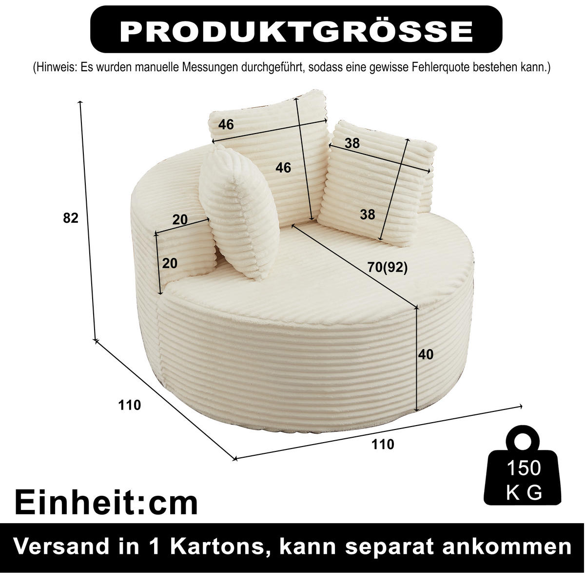 SESSEL DE-34516 minimalistisch mit 3 Kissen Beige - Beige, Textil (110/82/110cm) - ComfortXL