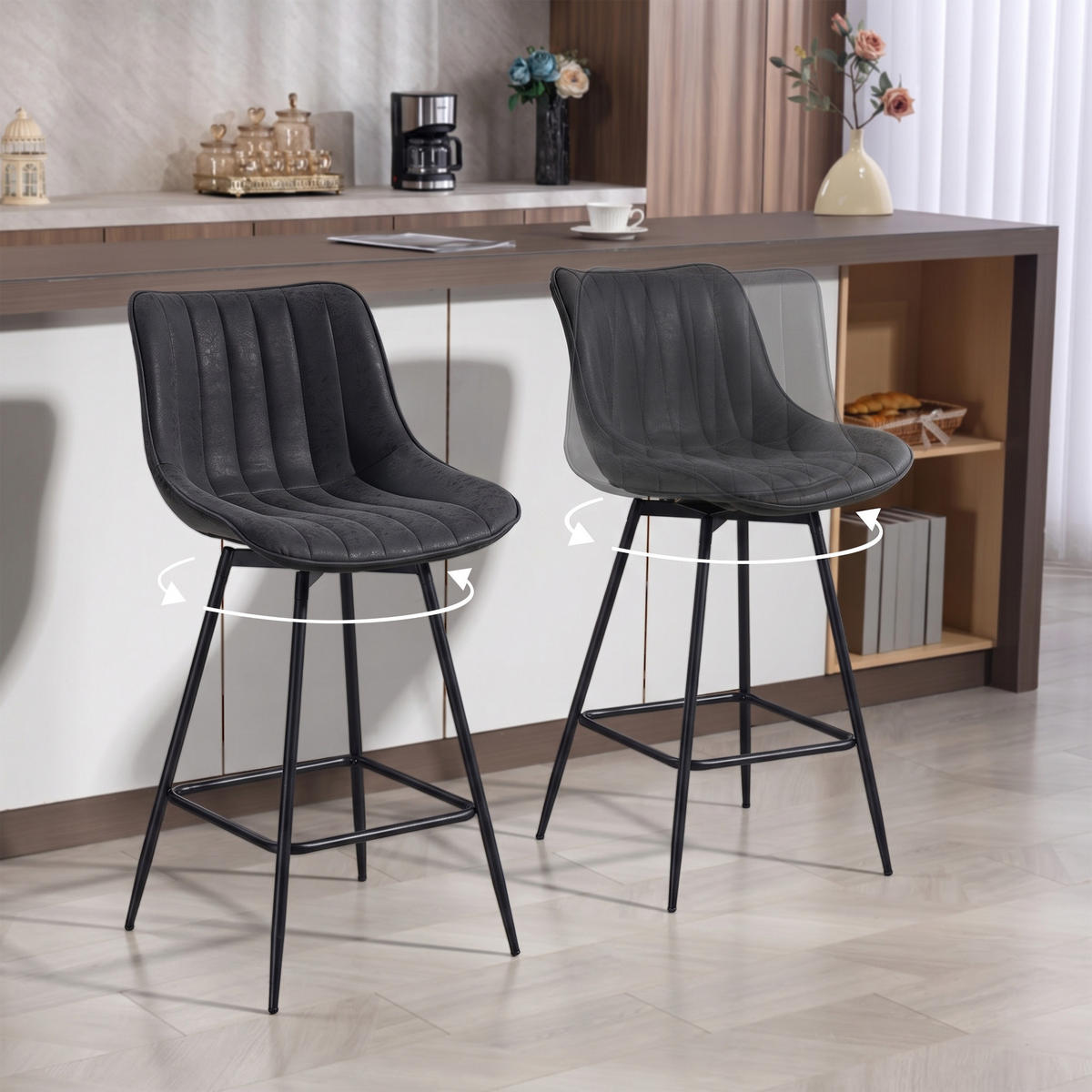 BARSTUHL 2er Set PU Schwarz - Schwarz, Kunststoff/Metall (47/97.5/54.5cm) - HOMCOM