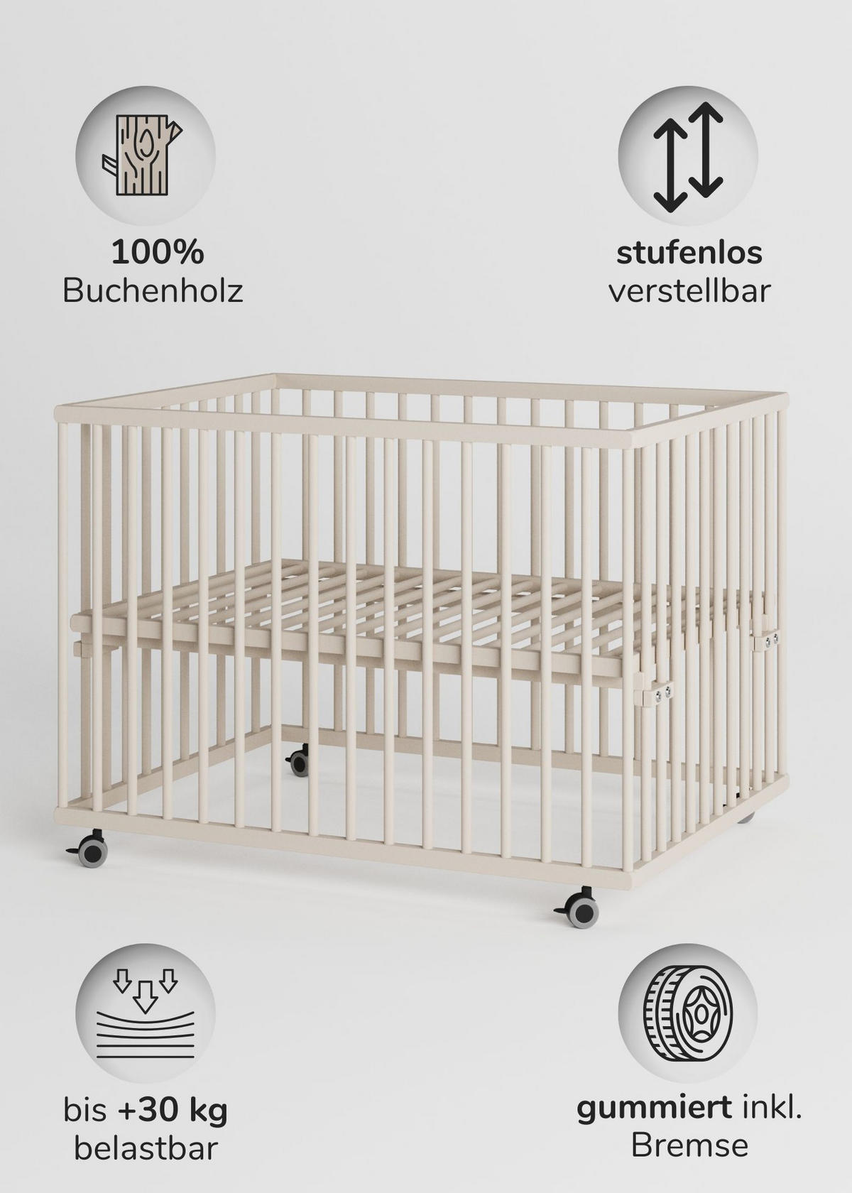 LAUFGITTER 75x100 cm mit Matratze & Lattenrost - sahara dust - Premium Kollektion - Sandfarben, Holz (100/74/75cm) - Sämann – make a difference.