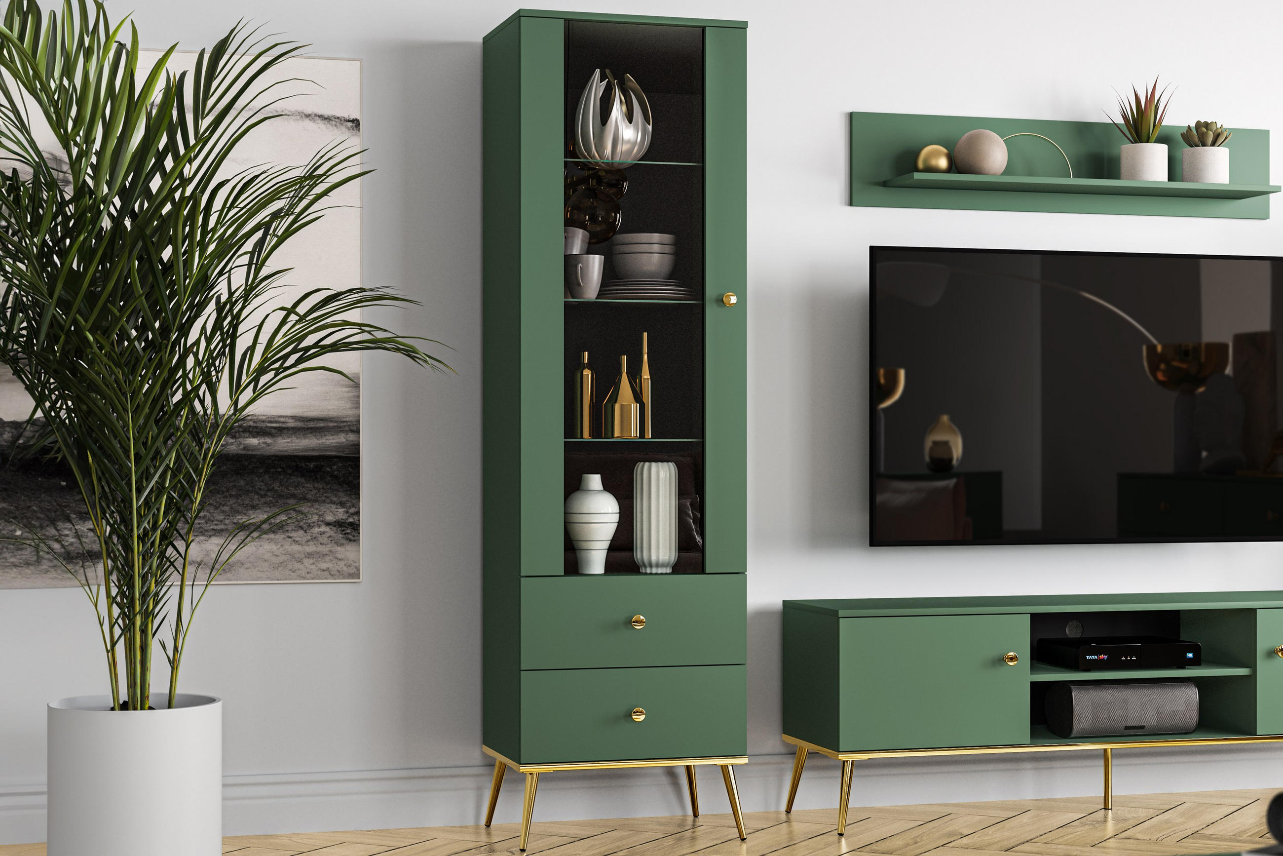 VITRINENSCHRANK ARICIA Soft-Close-Funktion, Grün - Grün, Holz (55/190/40cm) - KONSIMO®