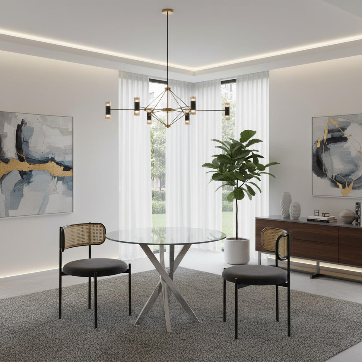 ESSZIMMERTISCH SET GLASPLATTE & METALLBEINE, RATTAN-RÜCKENLEHNE, GRAU/SILBER - Grau, Glas/Textil (80/75/80cm) - Urban Meuble