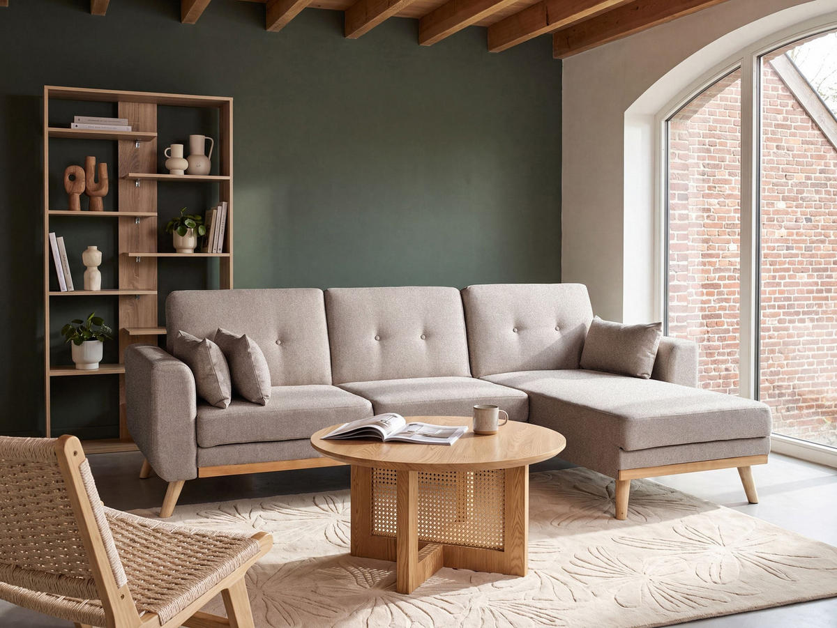 ROZKLÁDACÍ ROHOVÁ POHOVKA 3-místná Látka Béžová levostranná Kaarina - světle hnědá, textil (260/152cm) - Beliani