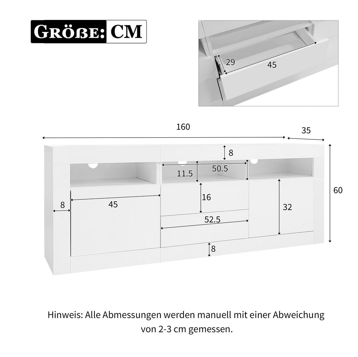 LOWBOARD 160/35/60 cm aus Spanplatte mit LED-Beleuchtung und Hochglanzfront Weiß - Weiß, Holzwerkstoff (160/60/35cm) - Modenvie