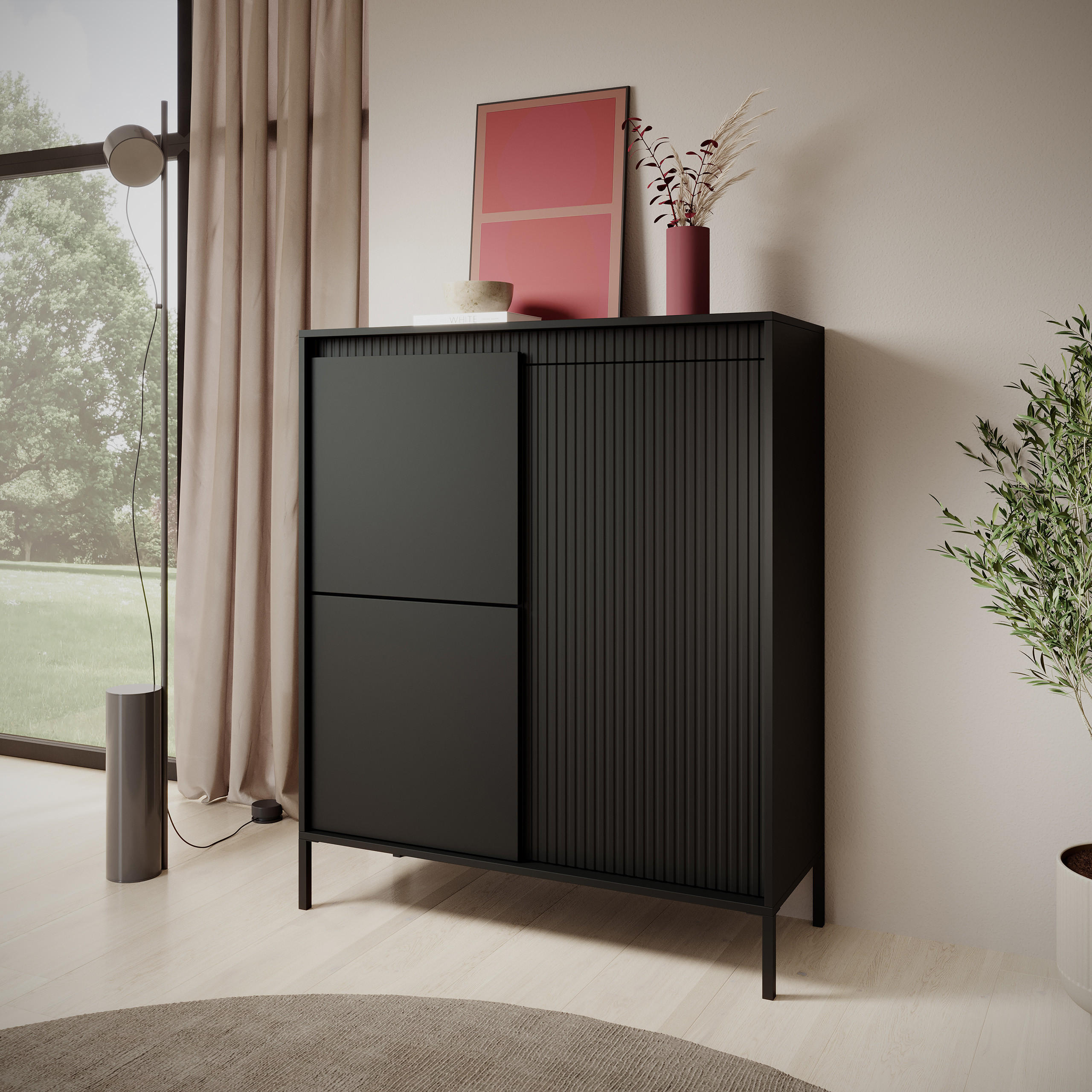 HIGHBOARD SENSATO 104/123/40 cm mit 3 Türen Schwarz - Schwarz, Holzwerkstoff (104/123/40cm) - MASSENO