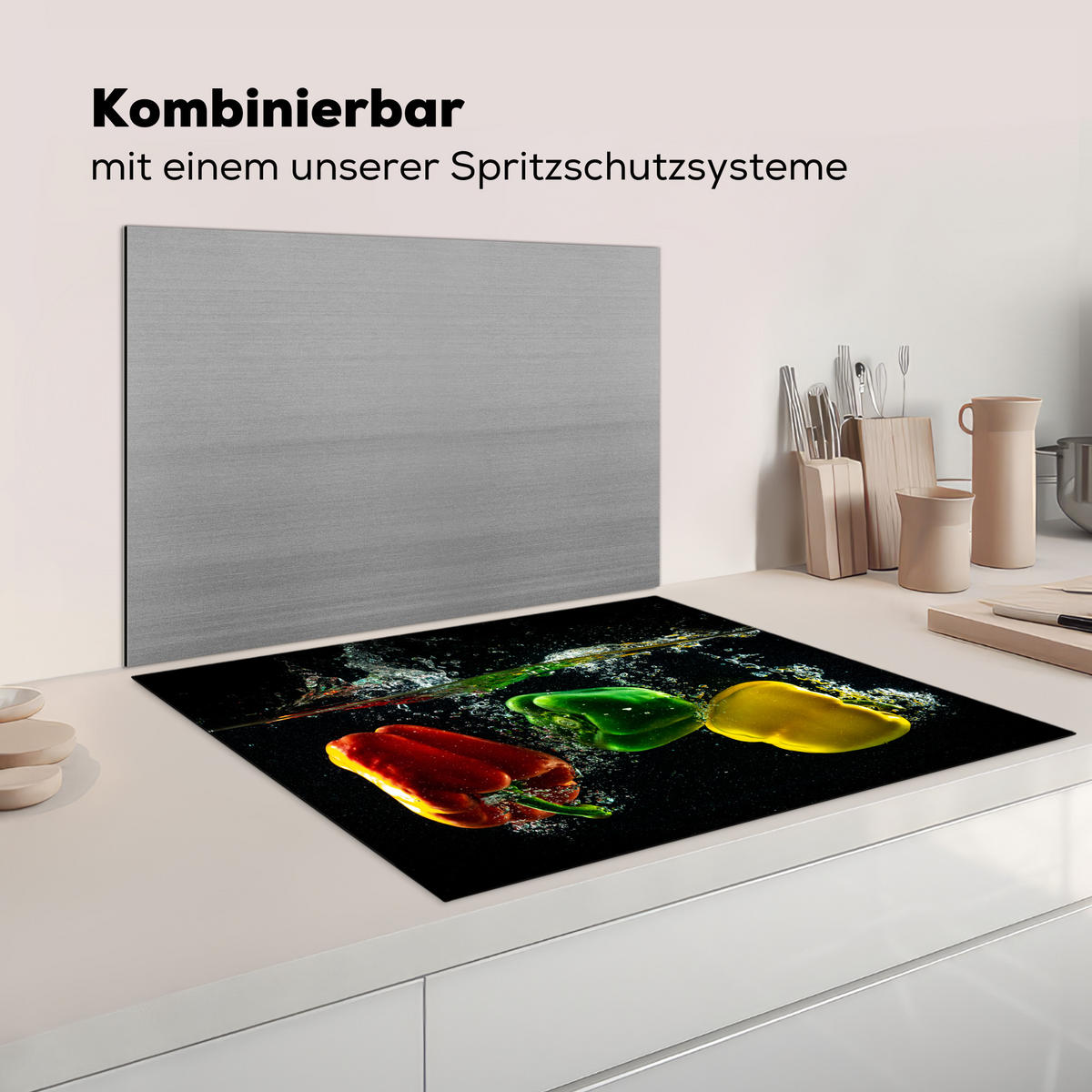 HERDABDECKPLATTE Paprika - Gemüse - Wasser - Schwarz - Rot - Grün - Gelb Induktionsmatte 77x59 cm - Multicolor, Kunststoff (77/59/0.2cm) - MuchoWow