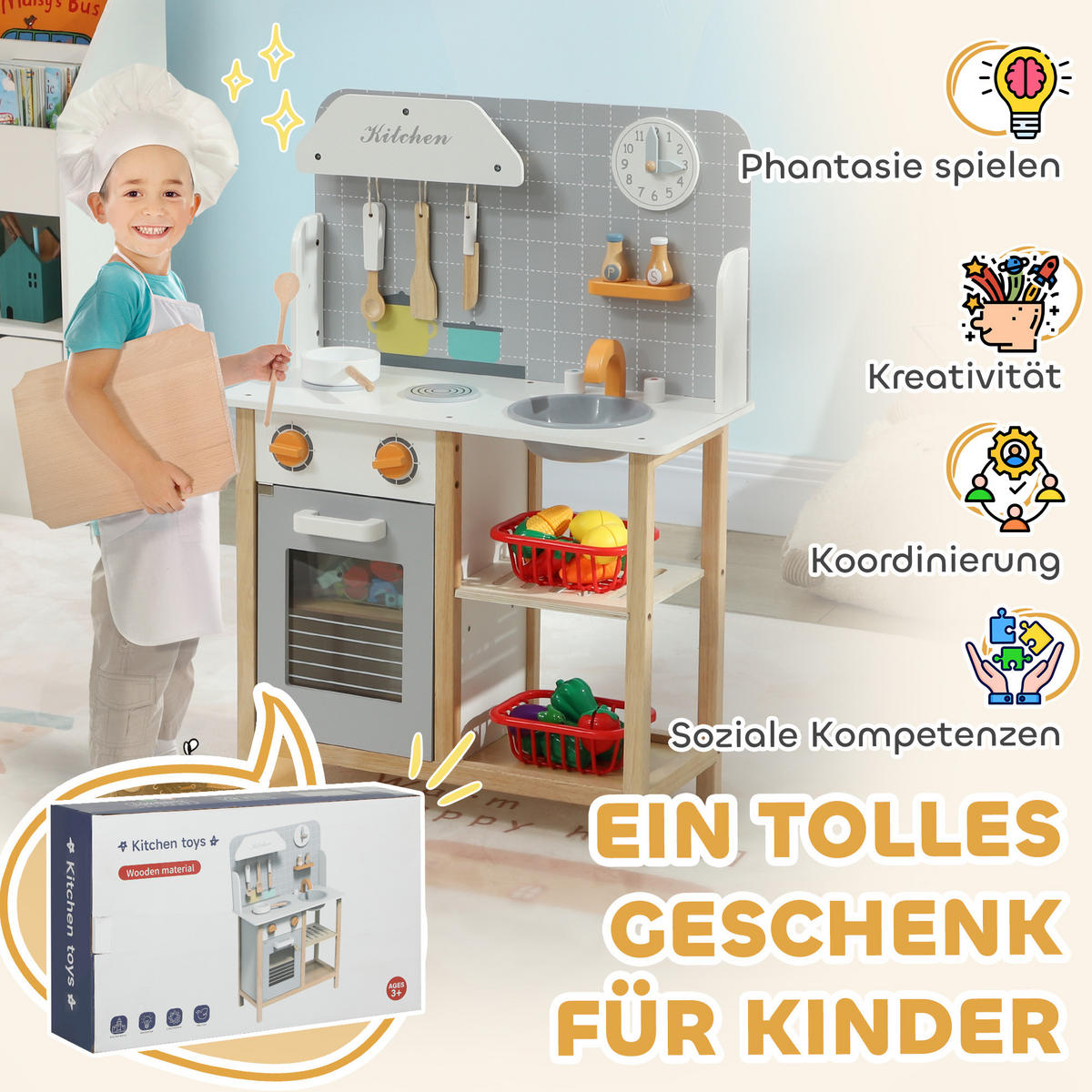KINDERKÜCHE - Grau, Holzwerkstoff (57/26/82cm) - AIYAPLAY