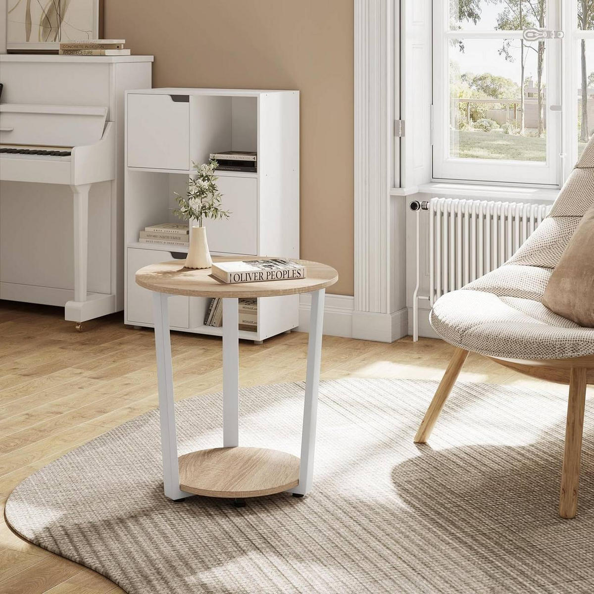 COUCHTISCH rund, mit 2 Ablagen, Helle Eiche - Eichefarben, Holzwerkstoff/Metall (50/50/53cm) - Woltu