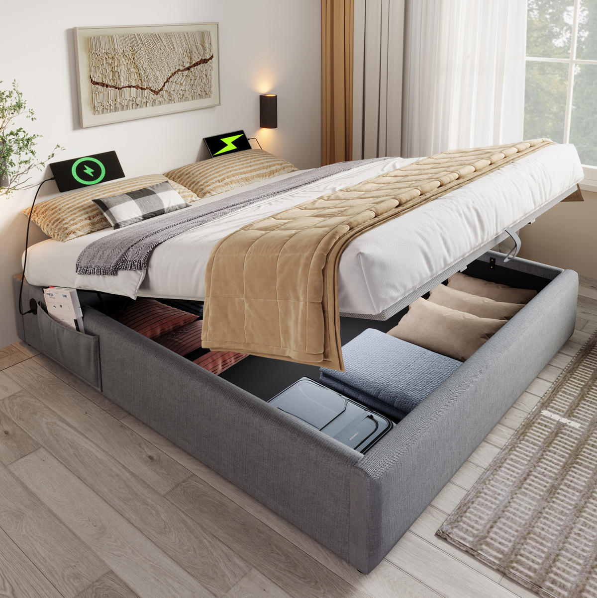 BETT mit Stauraum 160x200 cm Grau Baumwoll-Leinenstoff mit USB-C - Grau, Metall (160/200cm) - Meubliv