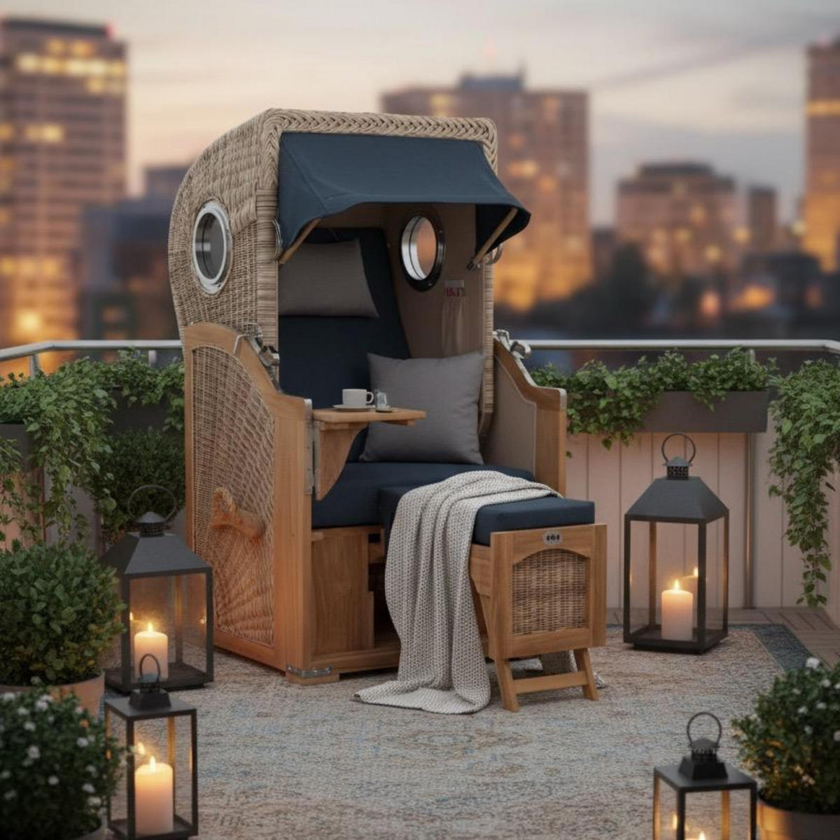 STRANDKORB Düne 1 Sitzer Teak PE Shell - Blau/Braun, Holz/Textil (96/165/80cm) - Mr. Deko