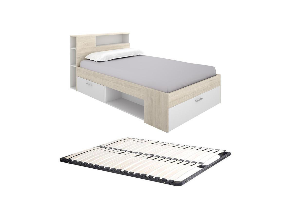 BETT mit Kopfteil, Stauraum & Schubladen + Lattenrost - 120 x 190 cm - Holzfarben & Weiß - LEANDRE - Naturfarben, Holz (120/190cm) - Vente-Unique