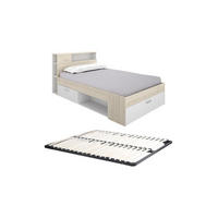 BETT mit Kopfteil, Stauraum & Schubladen + Lattenrost - 120 x 190 cm - Holzfarben & Weiß - LEANDRE - Naturfarben, Holz (120/190cm) - Vente-Unique