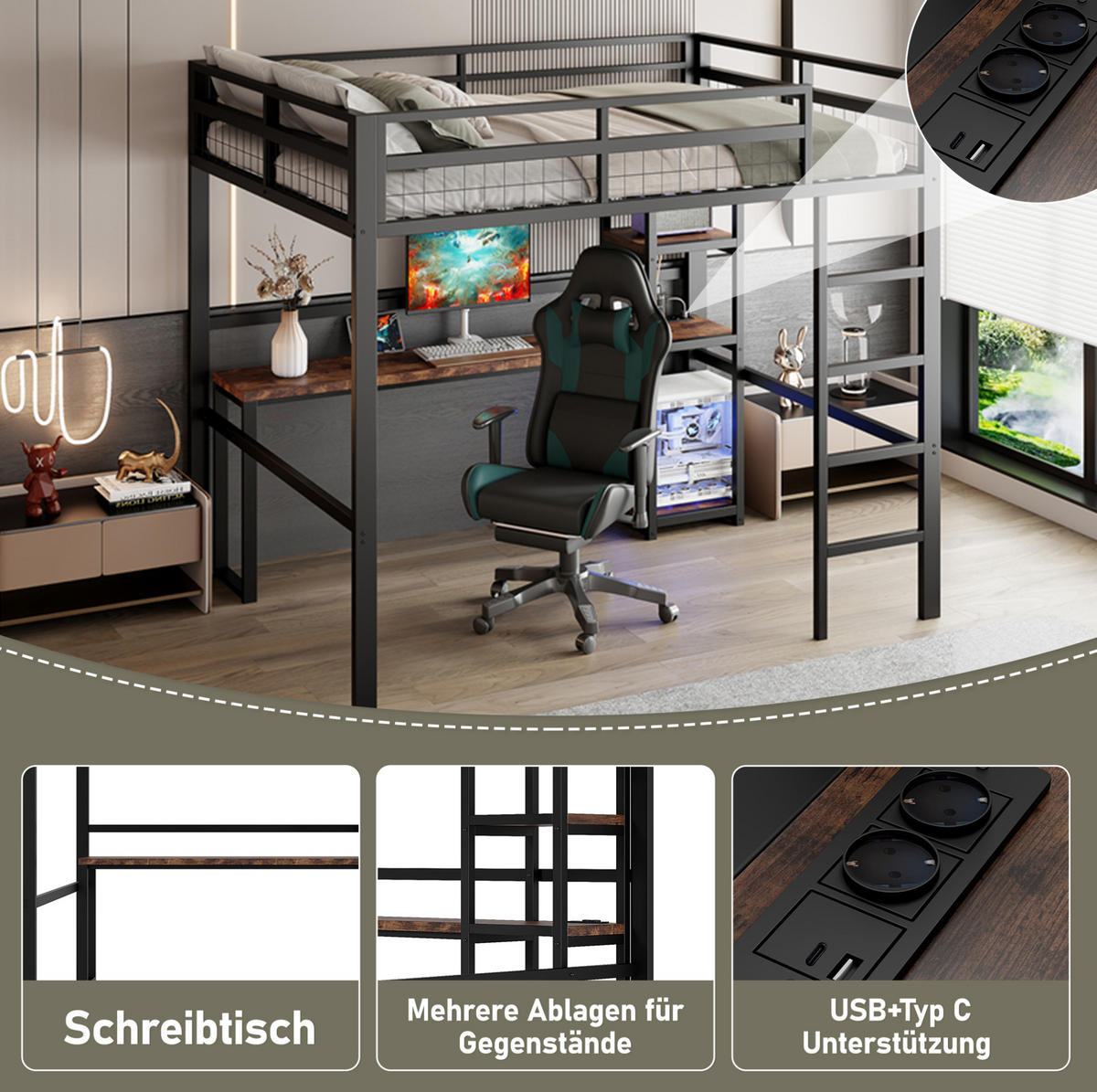HOCHBETT 140/200 cm aus Metall/MDF mit Schreibtisch, Regalen und USB-/Typ-C-Steckdose Schwarz - Schwarz, Metall (140/200cm) - Modenvie