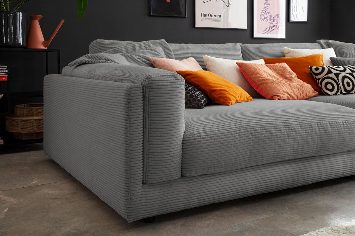 BIG SOFA RAINA Grau Cord - Schwarz/Grau, Kunststoff/Textil (294/85/150cm) - KAWOLA