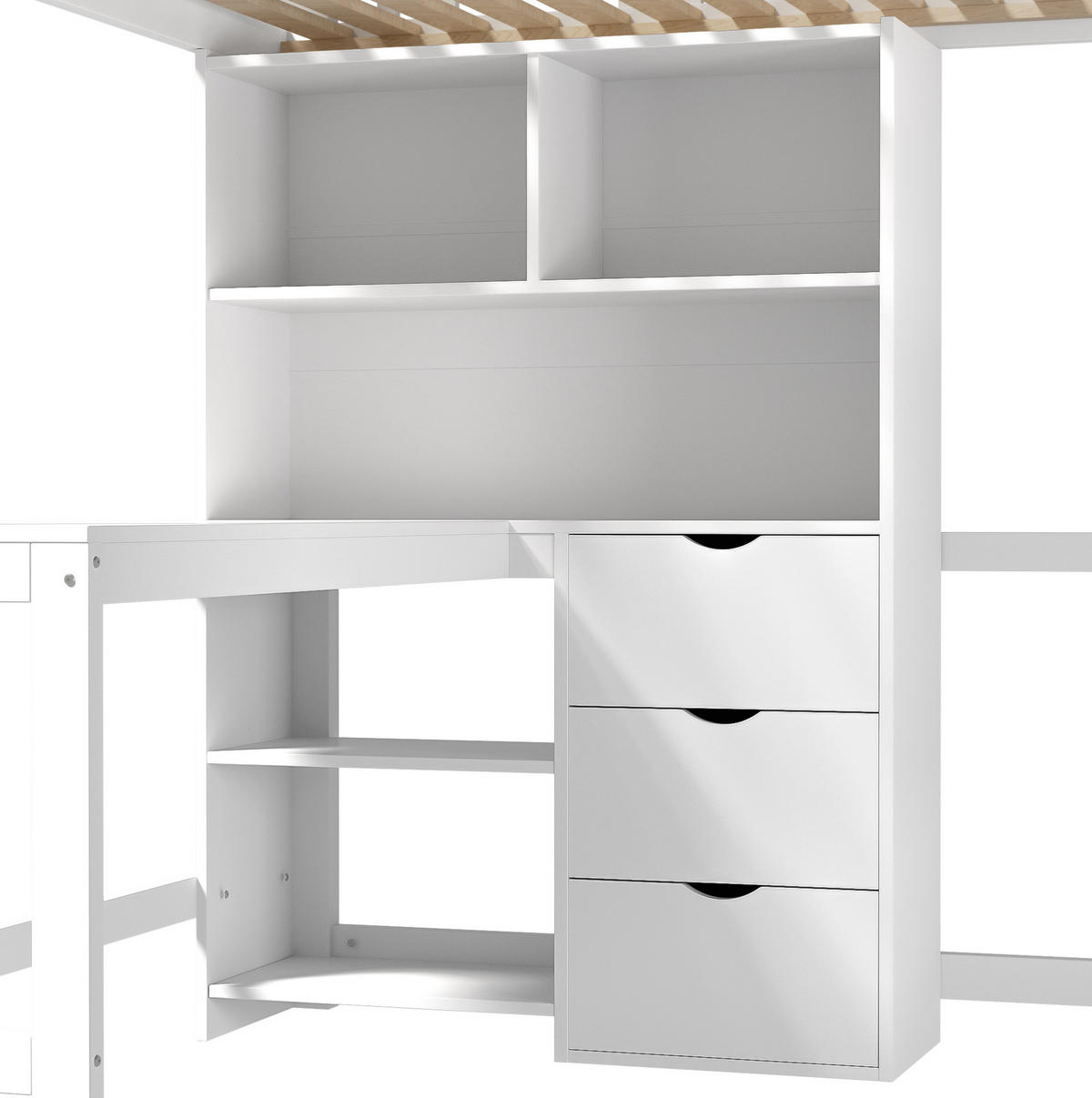 HOCHBETT aus Kiefernholz 140x200 cm Weiß mit Schreibtisch, 3 Schubladen, Ablagefächern und Leiter - Weiß, Holzwerkstoff (90/200cm) - Modfu
