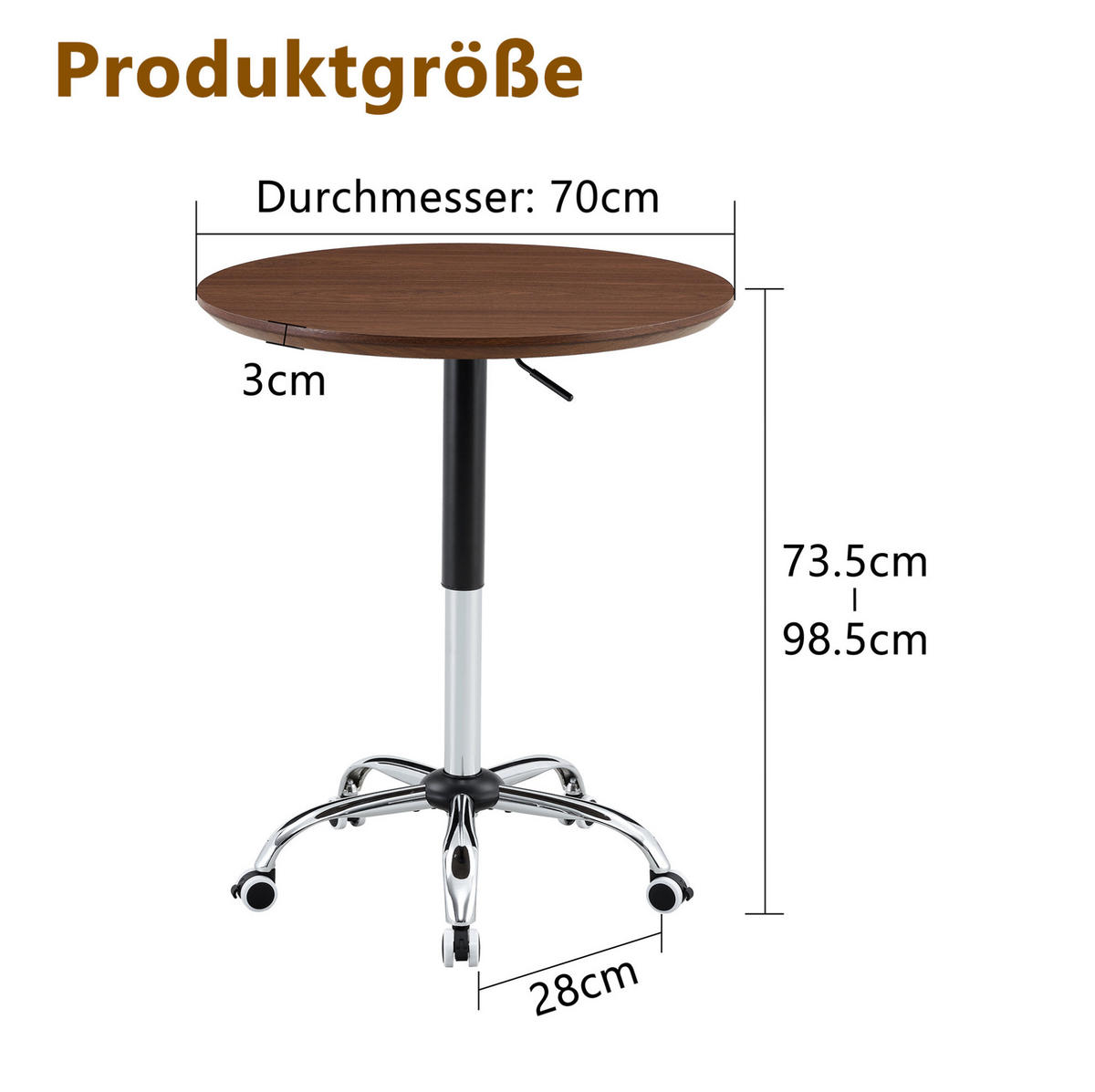 BEISTELLTISCH 70/70/73,5-98,5 cm höhenverstellbar mit Rollen und Bremse, MDF/Metall, Nussbaumfarben - Walnussfarben, Holzwerkstoff (70/70/73.5cm) - Redom
