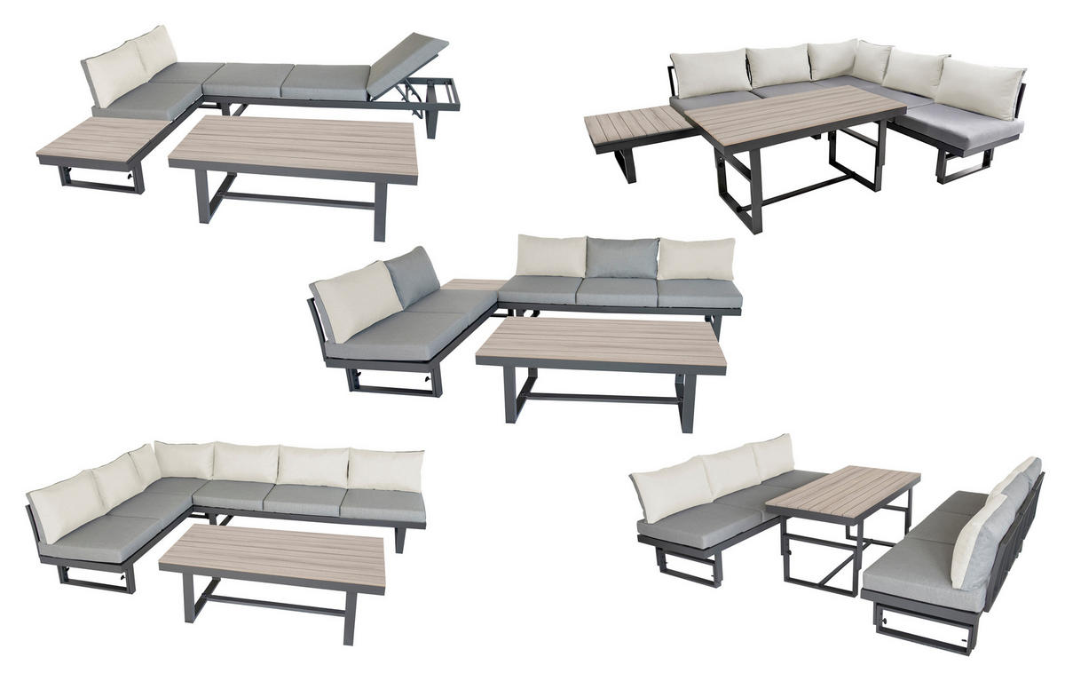GARTENLOUNGE-SET Piazza Grau Aluminium höhenverstellbarer Tisch für 6 Personen - Grau, Kunststoff - Green Spirit