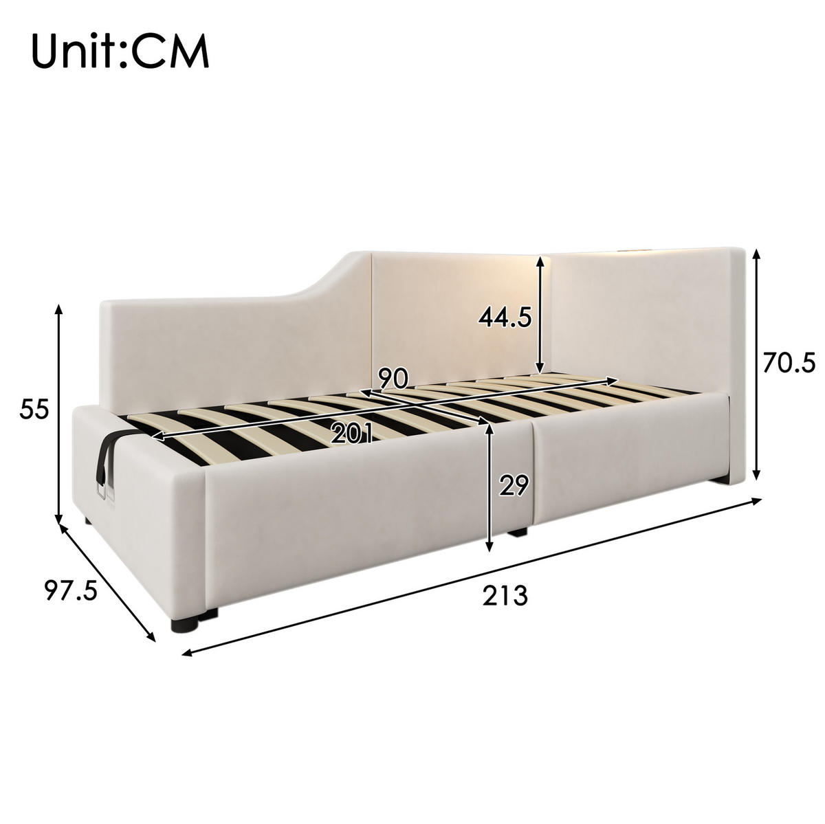 POLSTERBETT Einzelbett 90/200 cm aus Samt mit Stauraum, USB-C und Leselampe Beige - Beige, Textil (90/200cm) - Modenvie