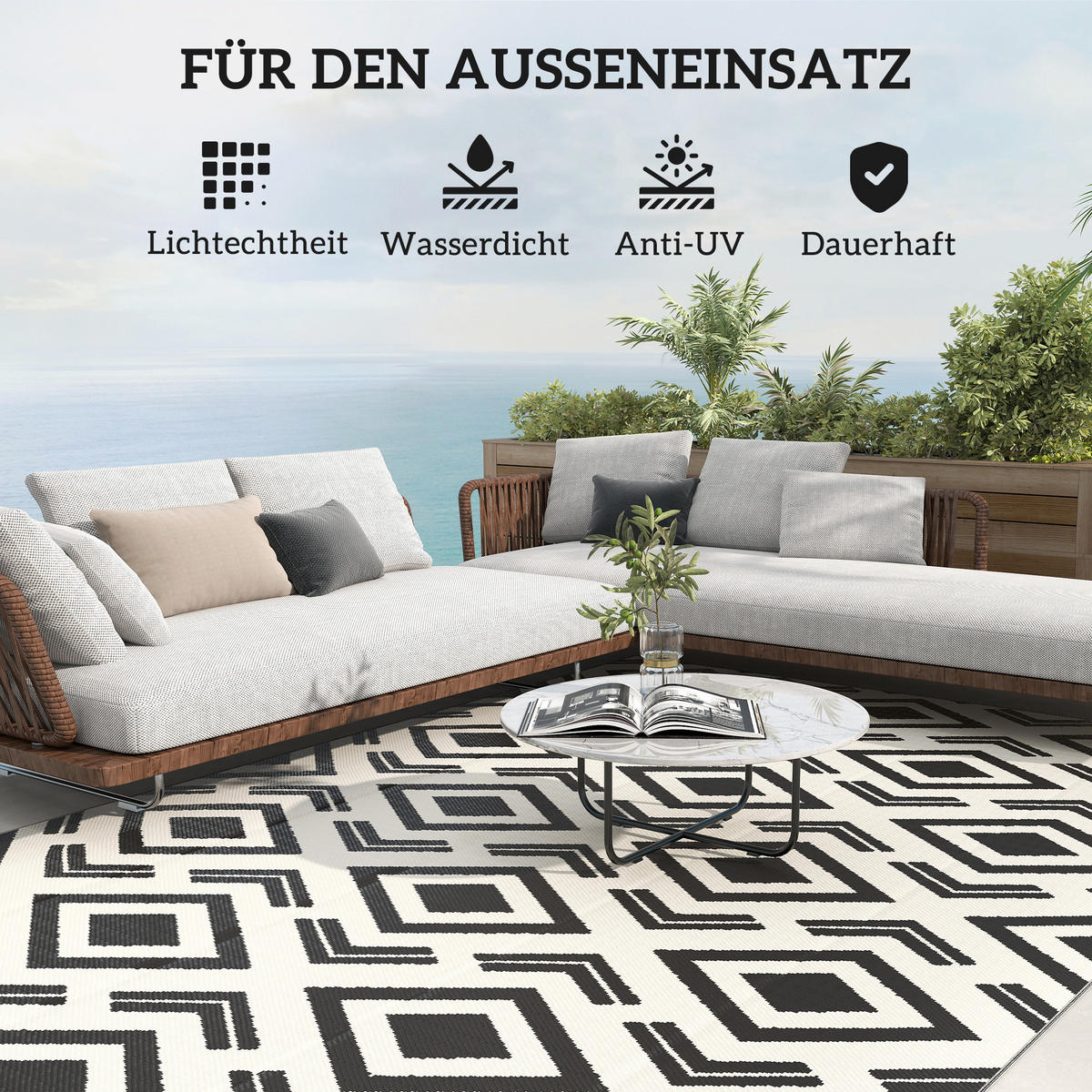 OUTDOOR-TEPPICH robuster Wetterfest Outdoorteppich mit Tragtasche - Schwarz, Kunststoff (274/182cm) - Outsunny