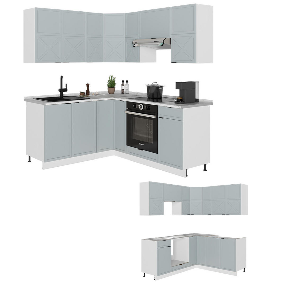 ECKKÜCHE Fame-Line Hellblau-grau/Weiß 160 x 60 cm ohne AP - Blaugrau/Weiß, Holzwerkstoff (190/81.6/46cm) - Vicco