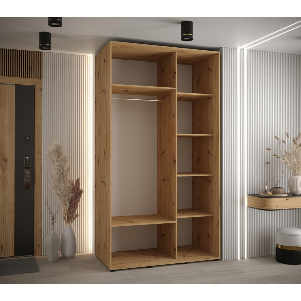 Thumbnail - Abiks Möbel Schwebetürenschrank, Eiche Artisan, Weiß, Schwarz, Metall, Nachbildung, 6 Fächer, 130x235x60 cm, Schlafzimme...
