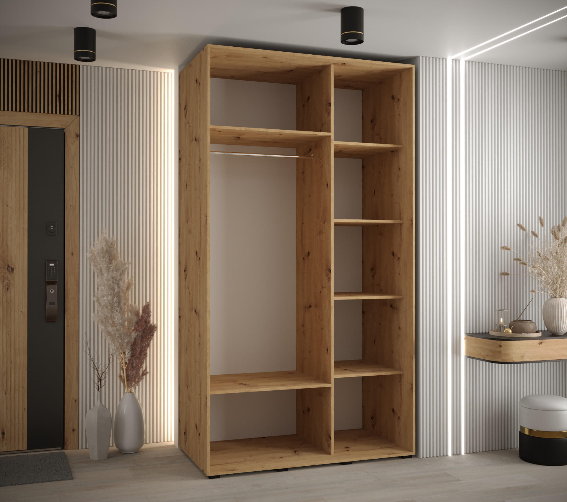 Thumbnail - Abiks Möbel Schwebetürenschrank, Eiche Artisan, Weiß, Silber, Metall, Nachbildung, 6 Fächer, 130x235x60 cm, Schlafzimmer...