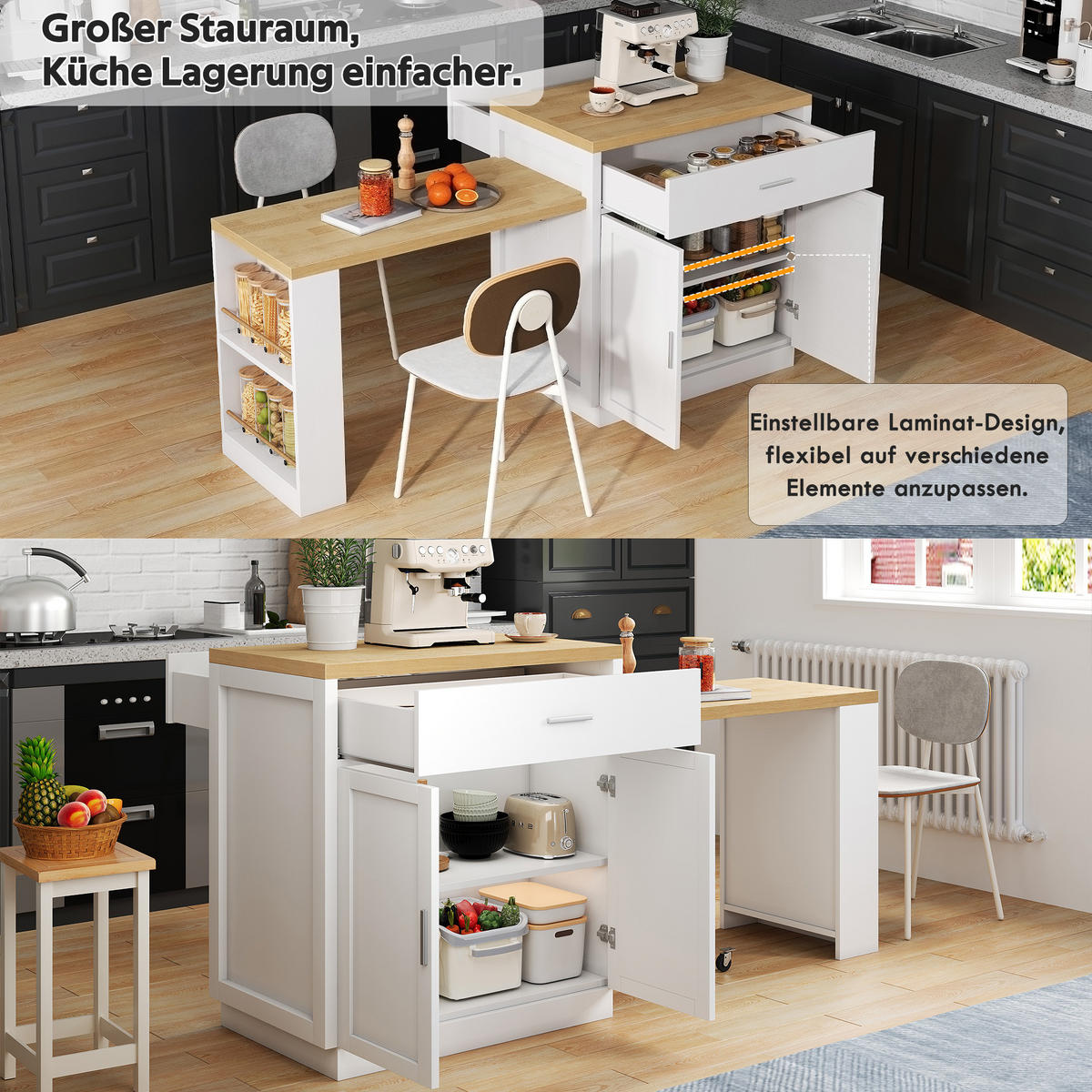 KÜCHENINSEL DE-41305 211/55/89,5 cm mit ausziehbarem Esstisch Weiß - Weiß, Holzwerkstoff (211/89.5/55cm) - ComfortXL